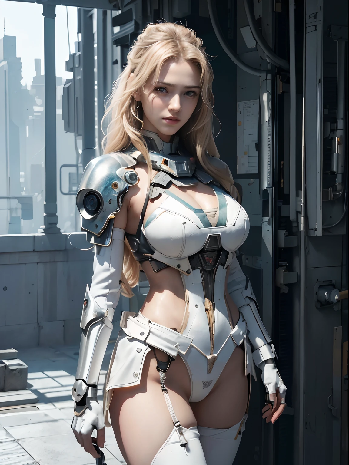 NSFW, Masterpiece, Best Quality, Cinema, Official Art, Propaganda Art, Cinema Wallpaper, Very Detailed CG Unified 4k Wallpaper, Intricate Details, White Background, Upper Body, Facial Focus, Concept Art, Production Art, ( , highres, (realistic, photo-realistic:1.2), physically-based rendering, machinery, reflection, realistic, cyberpunk, symmetric front view close up head shot eyes symmetry face very sharp focus realistic award winning matte drawing movie light 1 boy, mecha, (Illustration: 1.1), slender, big breasts, fair skin, delicate face, king robe, shine, tights, (long blonde hair), green eyes, battlefield, chip, shine, long sword