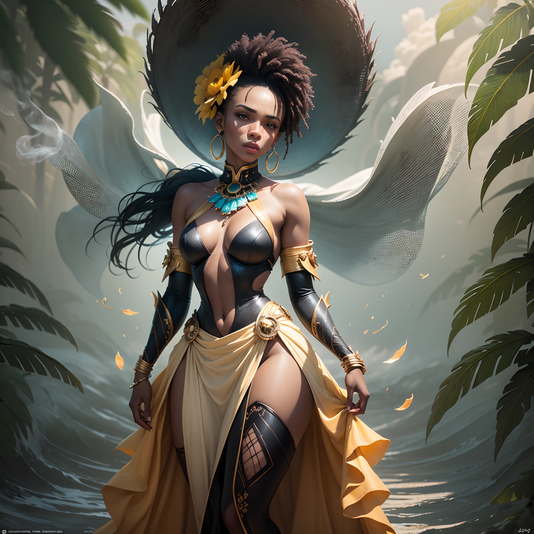 by royo, hyperdetailed, hyperrealistic, full body shot of an African woman, in an African outfitwith vibrant colors, exaggerated shoulder pads, and bold accessories. Striking a powerful pose with an intense gaze, surrounded by a halo of smoke in tones that enhance her expression. Standing in a banana plantation with the smoke mimicking waves, matching the colors of her outfit. Perfect composition, exquisite attention to small details, realistic reflections, UHD, 32k, ultra-detailed texture, volumetric light, cinematic effects, masterpiece, trending on ArtStation, Octane 3D rendering --auto --s2