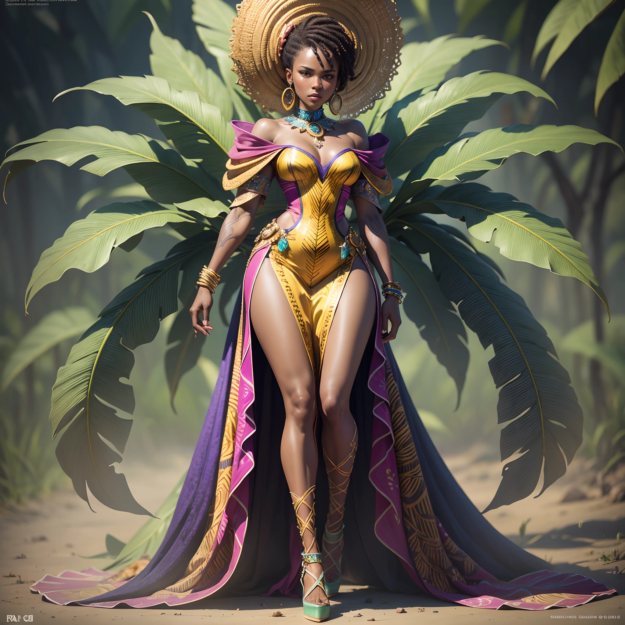 by royo, hyperdetailed, hyperrealistic, full body shot of an African woman, in an African  outfitwith vibrant colors, exaggerated shoulder pads, and bold accessories. Striking a powerful pose with an intense gaze, surrounded by a halo of smoke in tones that enhance her expression. Standing in a banana plantation with the smoke mimicking waves, matching the colors of her outfit. Perfect composition, exquisite attention to small details, realistic reflections, UHD, 32k, ultra-detailed texture, volumetric light, cinematic effects, masterpiece, trending on ArtStation, Octane 3D rendering --auto --s2