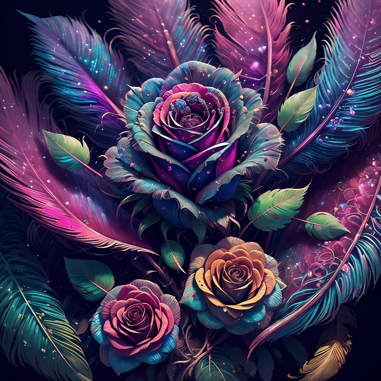 Riff Style 2 (masutepiece, top-quality, Best Quality, Official art, Plants and bird feathers, Beautiful and aesthetic flowers:1.2), (roses:1.3), Extremely detailed,(Fractal Art:1.1),(Colorful:1.1)(Flowers:1.3),highest details,(Zentangle:1.2), (Dynamic Pose), (Colorful abstract background:1.3), (Glossy flowers), (Many colors:1.4), Colorful Accessories, (Feathers:1.5)