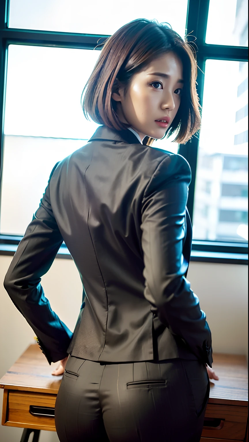 (Best quality, 8k, 32k, Masterpiece, UHD:1.2), 1girl, beautiy Japanese woman, narrow waist, grey suit, open jacket, office lady, suit, pants, from behind, office room, desk,  (stick out one's buttocks:1.2), detailed face, short hair, looking at viewer