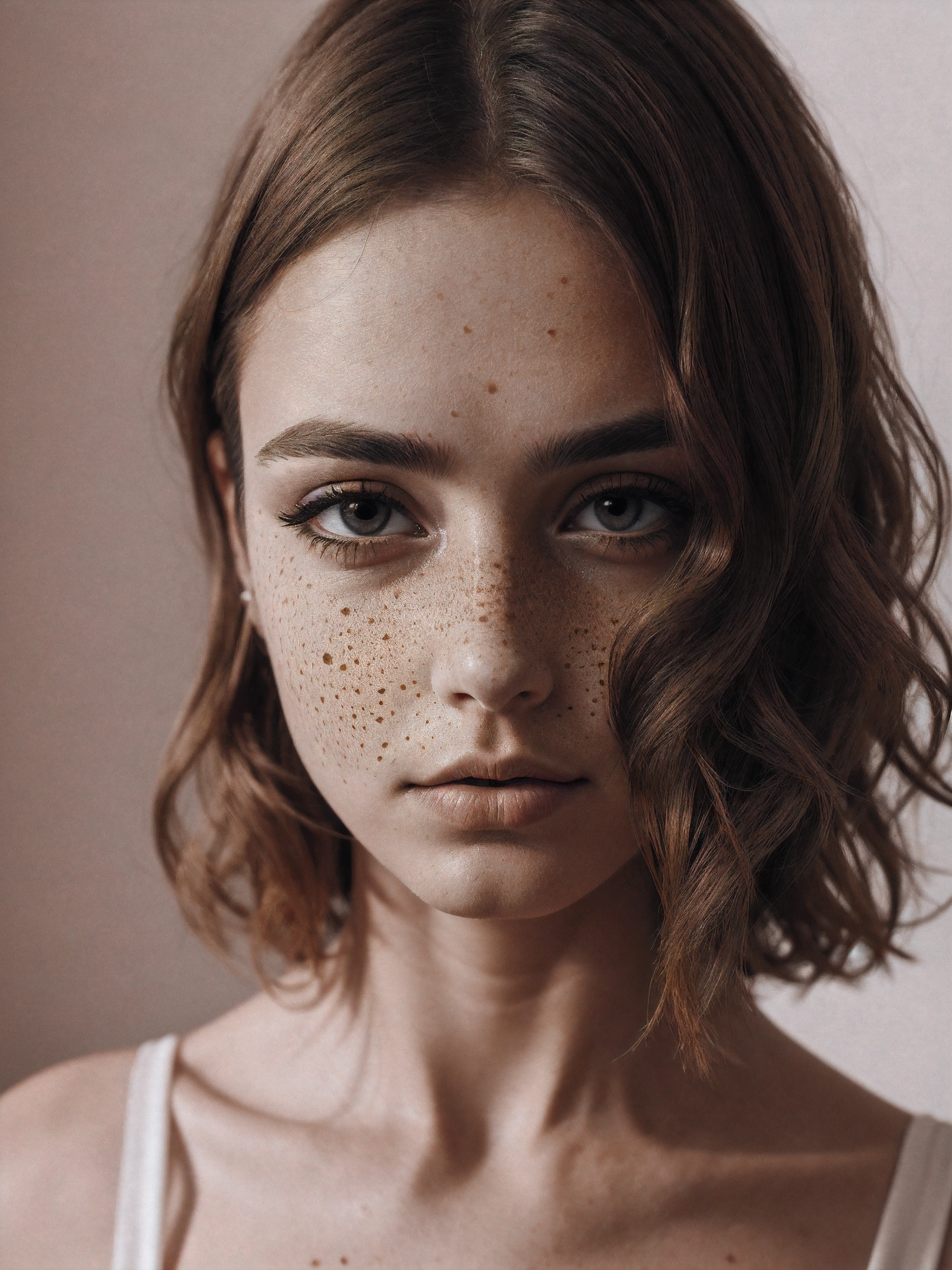 beautiful girl, close up, dress, (detailed eyes:0.8), defiance512, (looking at the camera:1.4), (highest quality), (best shadow), intricate details, interior, ginger hair:1.3, dark studio, muted colors, freckles