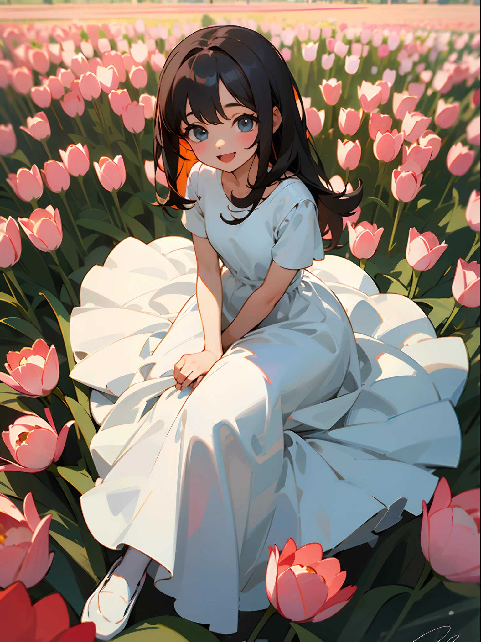 Happy girl wearing a long white dress, sitting in a tulips field, HD