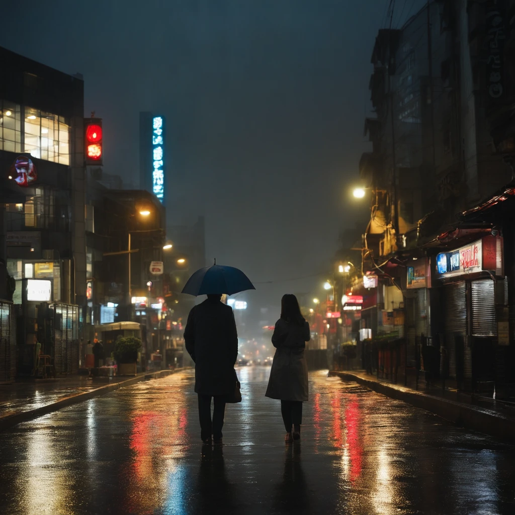 The streets of Seoul city with gloomy skies and rain. With the reflected light of the road, you can dimly see the flickering traffic lights in the distance.
Korean man and Korean woman stand with their backs turned. The distance between them is not great, but between them there is a broken clock and a photo apart.
The overall color is a combination of gray and blue, giving a quiet and calm feeling