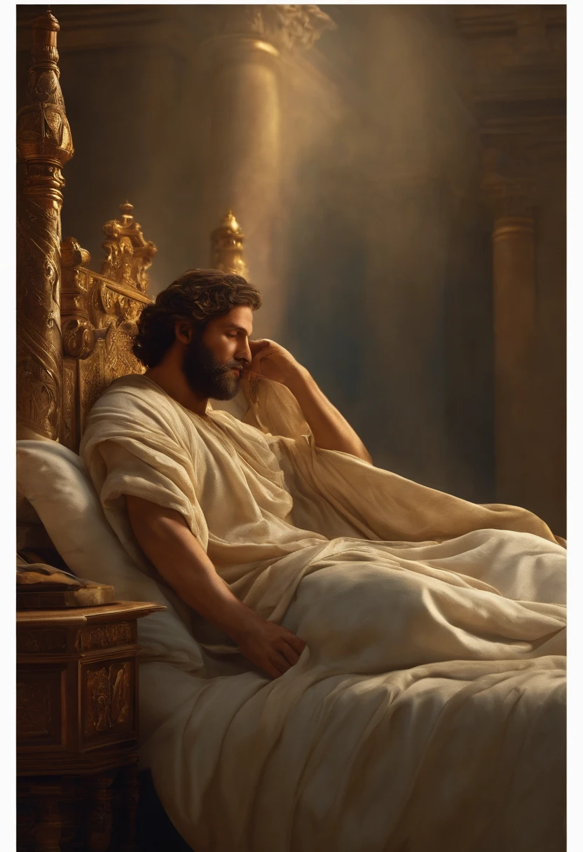 portrait King David on his deathbed talking to Solomon, epic, biblical, ultra-realistic, ultra-detailed, biblical landscapes, Renaissance art style, 16k, image size 1080 x 1920, vertical image format