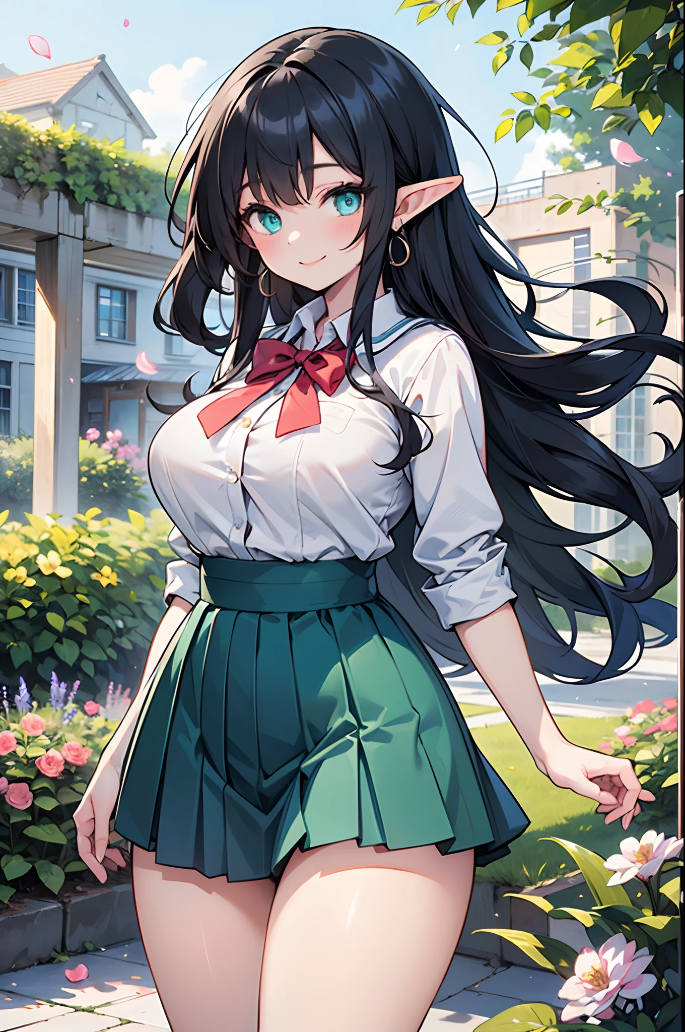 Realistic and detailed image of an elf dressed in a school uniform and pleated micro skirt. She has long wavy black hair. Turquoise eyes. She has earrings, long eyelashes. She has large breasts, slim waist, wide hips and thick thighs. Smiling, pleased face. Arched back. There is a garden with flower petals falling around her.