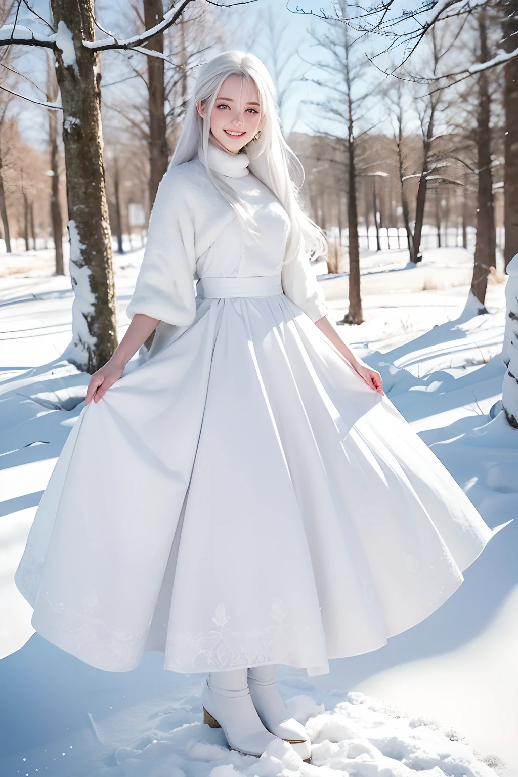 best qualtiy， tmasterpiece， White hair， eBlue eyes， A girl，white colors、， Realistis, Floating hair, Snowy,, Detailed face, winter, Green trees, Sunshine, full body, detailed face, cute smile