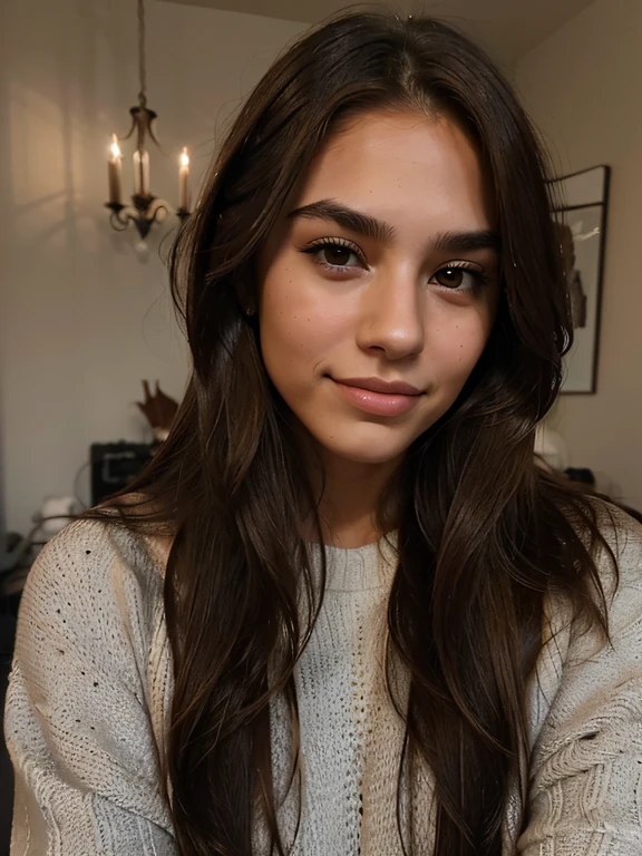1 girl posing, looking moody, not smiling, very pretty, 23 years old, tanned, long hair, brown hair, brown eyes, sharp eyebrows, big lips, realistic, winter, smiling