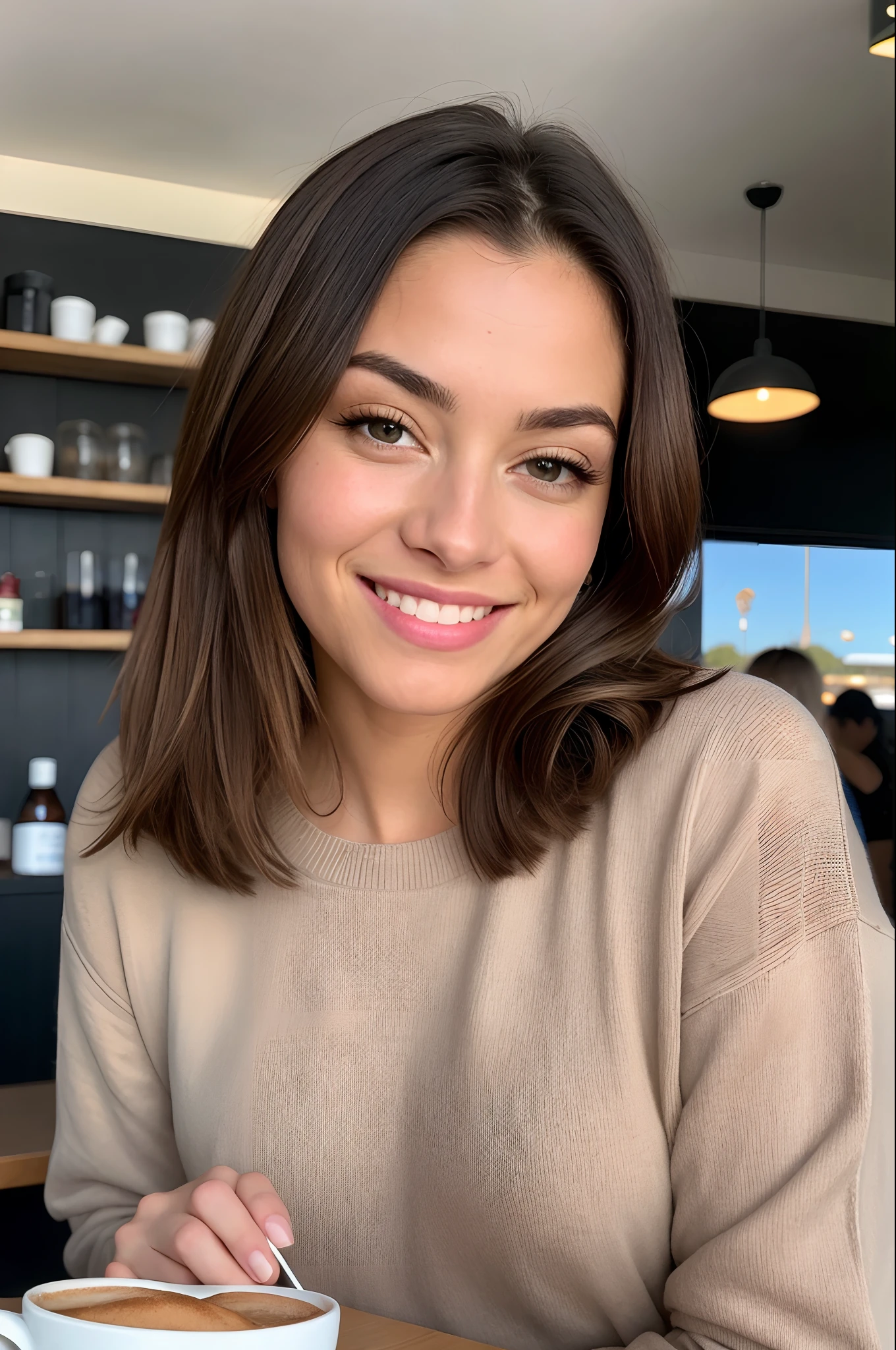 Beautiful brunette with blonde highlights wearing a beige sweater (in a café drinking soda), Very detailed, 22 anos, Rosto inocente, cabelos ondulados naturais, olhos azuis, high resolution, master part, best quality, Alto detalhe intrincado, altamente detalhado, Crisp Focus, pele detalhada, textura de pele realista, textura, olhos detalhados, profissional, 4k, sorriso encantador, filmado na Canon, 85 millimeters, profundidade de campo rasa, Cor Kodak Vision, corpo de ajuste perfeito, extremamente detalhado, fotografia_\(Ultra\), photoreallistic, Realista, Post-processing, maximum details, rugosidade, vida real, Ultra realista, fotorrealismo, fotografia, 8k UHD, fotografia
