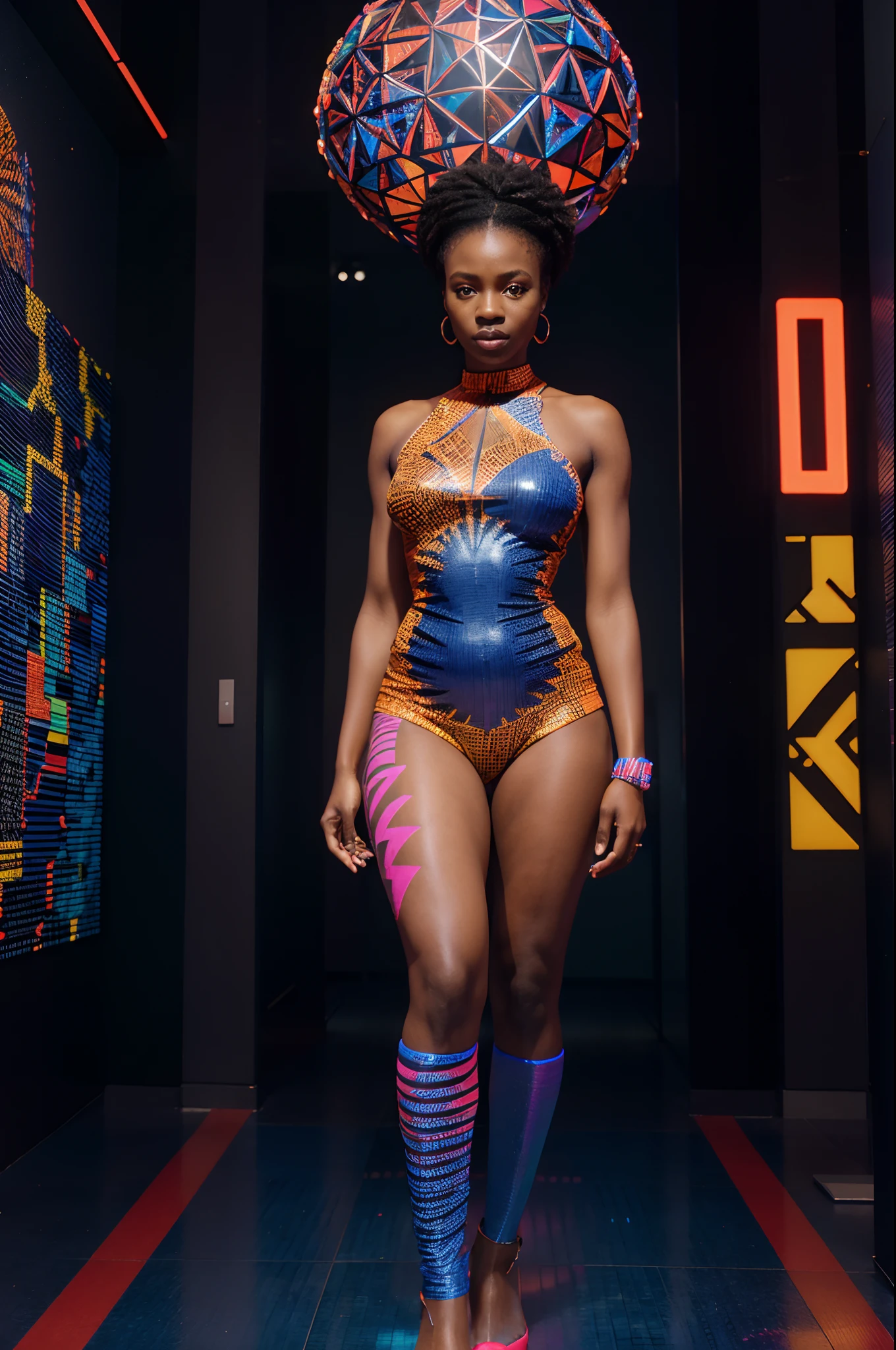 Full body shot of an African woman dressed in neon lit African designed clothes, standing in museum full of QR code sculptures, QR code sculptures and art work shining blue and red light, with iridescent light, 32k, ultra HD, unreal engine rendered, cinematic lighting, artgerm style