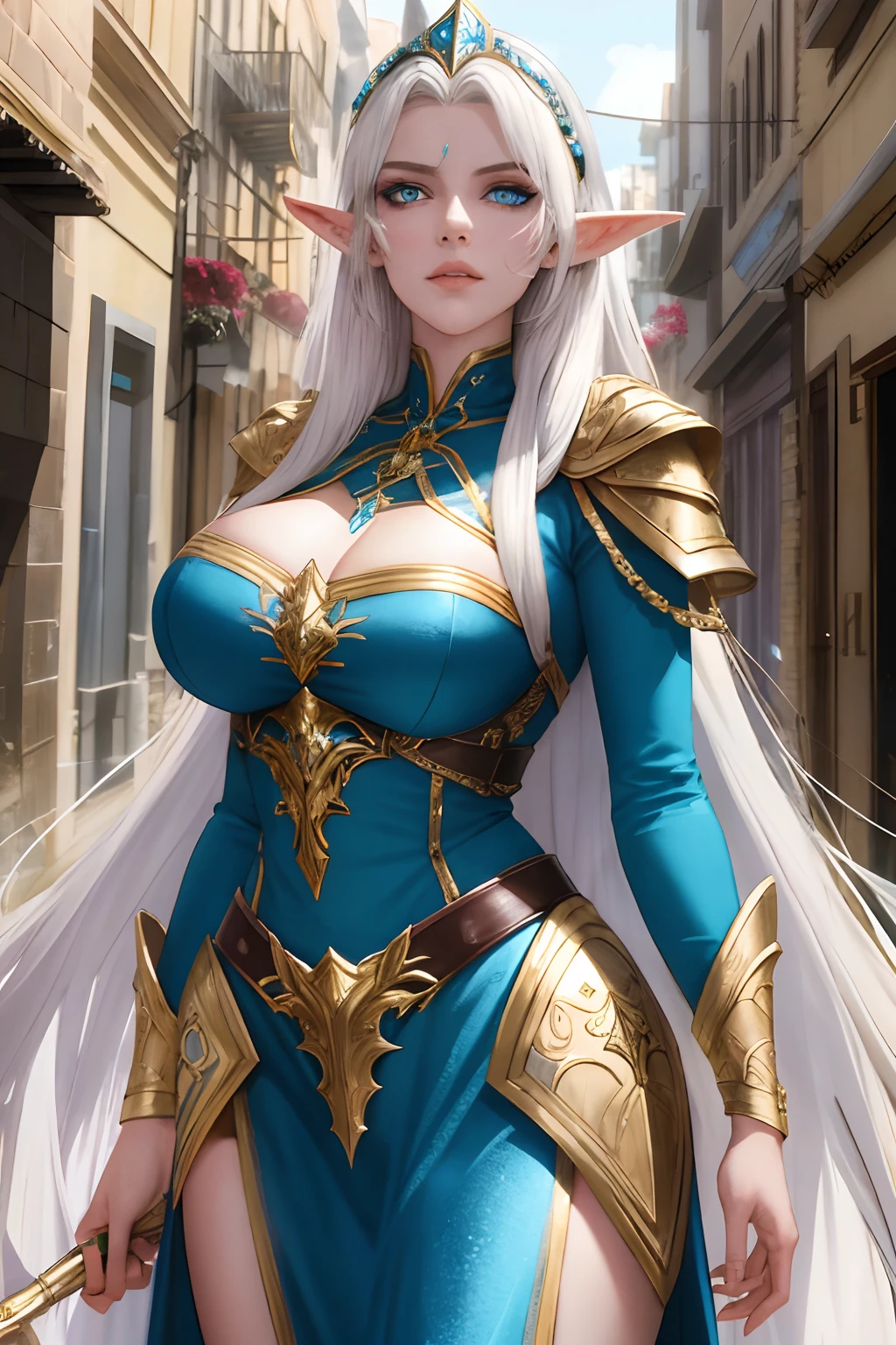 A tall and beautiful elf woman, with blue pupils, contempt in her eyes, a cold expression, a haughty posture, chest up, golden light armor all over her body, looking up camera, strolling through medieval streets.