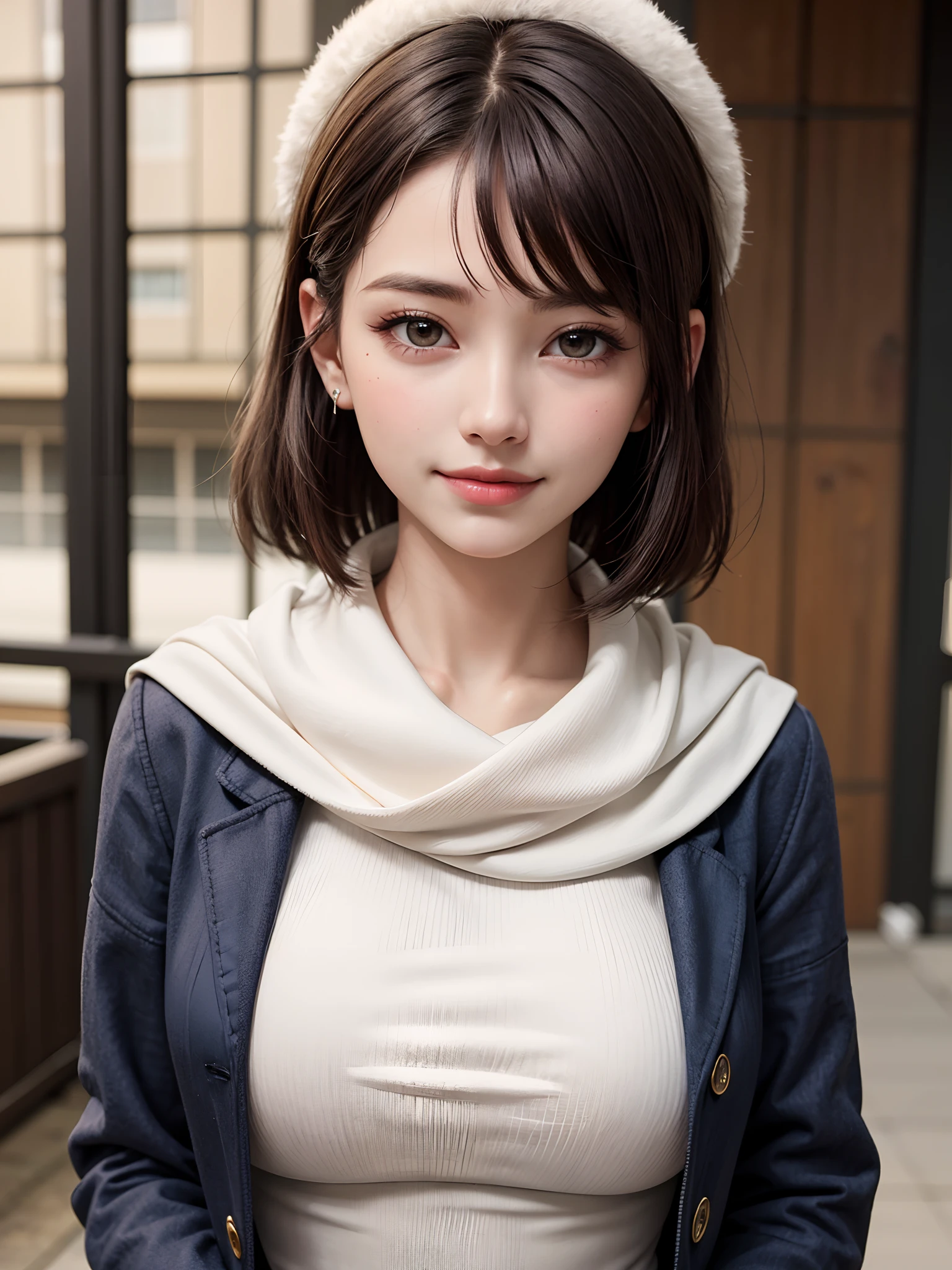 (masterpiece, top-quality、Beautiful woman full of adult charm8),1girl in, 独奏, A dark-haired, scarf, Hats,, realisitic, looking at the viewers, black eyes of light color, shorth hair, coat, Winter clothes, White headscarf, s lips, lipgloss,bangss,, a closed mouth, The upper part of the body、big eye、Lashes、((Street))、((Shorthair with bangs、big eye、Put very strong highlights in your students、very Bigger breasts、gazing at viewer、Very beautiful beauty、Put your ears out、long neck、little smiling、Close your mouth and smile)))、28 year old、Cute supermodels