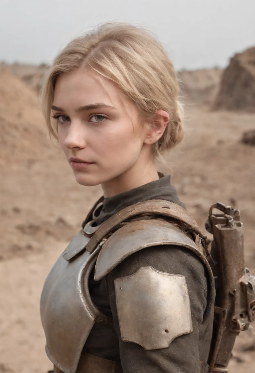 Russian girl 16 years old ,Blonde Dirty Short Hair, dusty face, Dressed in the armor of the future, Against the backdrop of a desolate post-apocalypse, AR-16 rifle in hand, the wind, dust, Destroyed buildings, Skeletons of burnt cars, Oppressive atmosphere, Dirty skies, photo realism, Sharp focus, Human bones are scattered on the dusty ground, Lonely bushes,Fallout,Photo 3/4,Realistic Facial Skin, Dust on clothes,