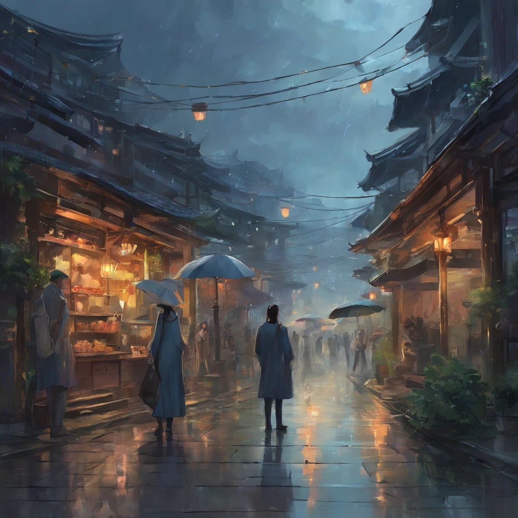 The streets of Seoul city with gloomy skies and rain. With the reflected light of the road, you can dimly see the flickering traffic lights in the distance.
Korean man and Korean woman stand with their backs turned. The distance between them is not great, but between them there is a broken clock and a photo apart.
The overall color is a combination of gray and blue, giving a quiet and calm feeling