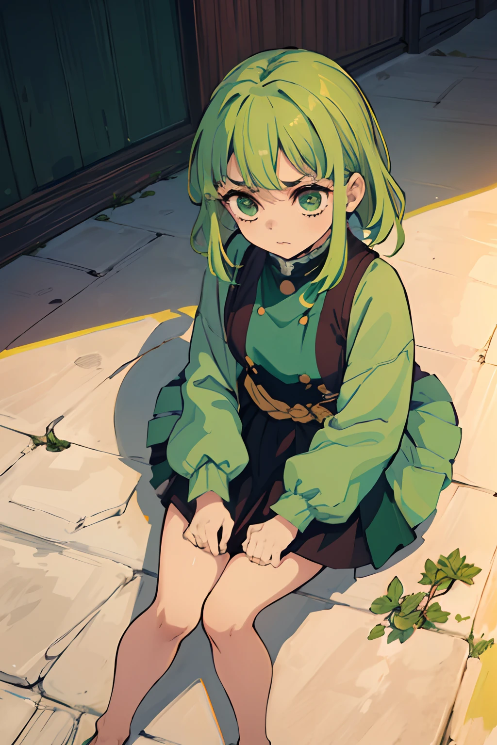 ((girl, 1girl, solo)) Hashira, cabelo marrom com pontas verdes, brincos longos verde, serious look.