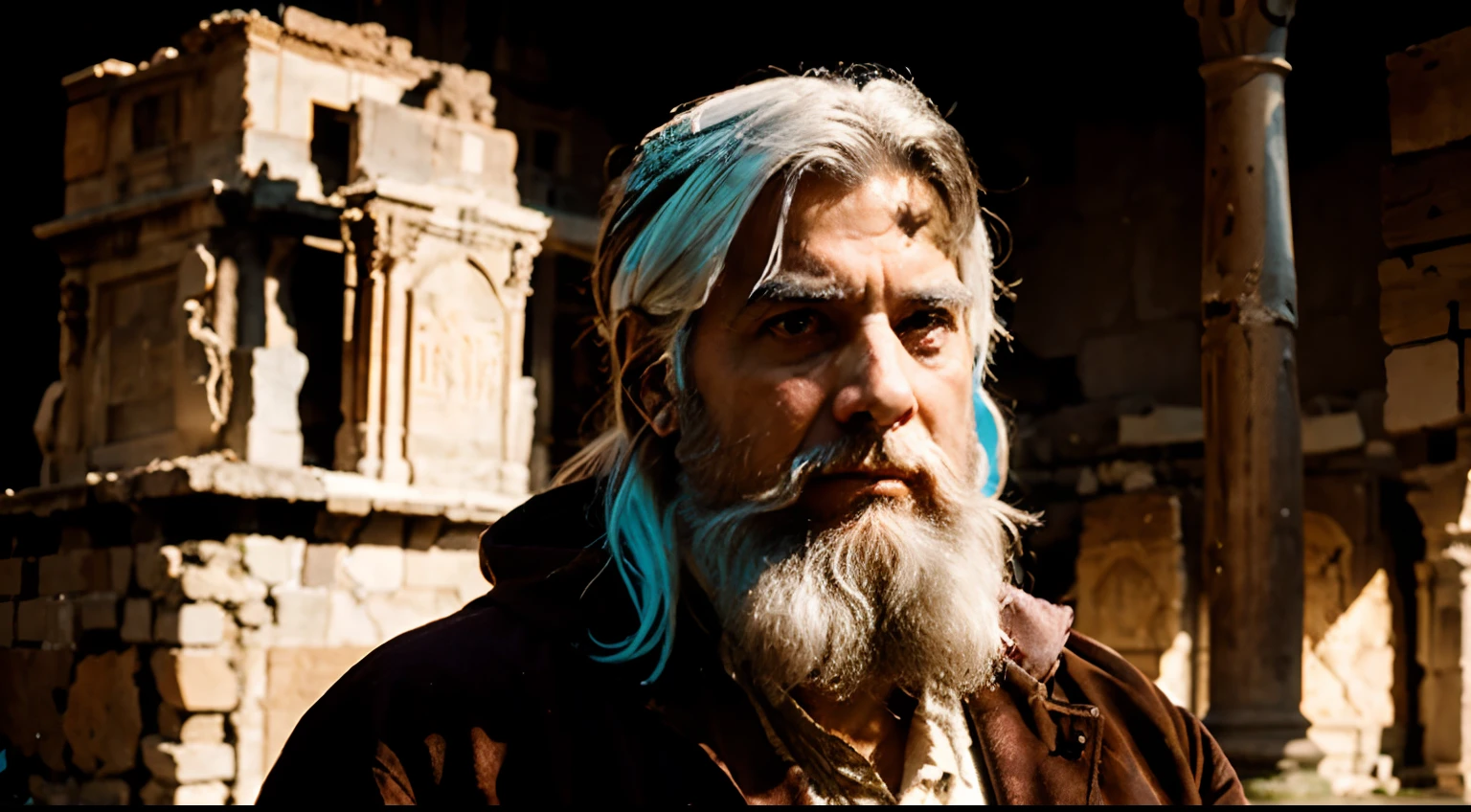 PHILOSOPHER OF THE TIME BEFORE CHRIST, WEARING A ROBE IN BROWN COLOR, HE IS LOOKING AT THE VIEWER, BROWN EYES, WHITE HAIR AND WHITE BEARD, IN THE BACKGROUND THE DESTROYED ANCIENT ROME