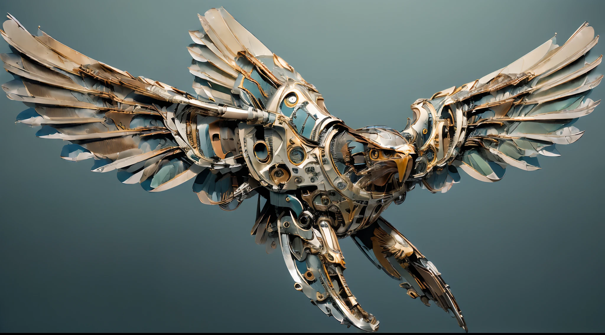 everything is shining brightly:1.5,in 8K, Best Quality, masterpiece:1.1, ultra detailed:1.2, realistic:1.3, photo realistic:1.5, dutch angle:1.2, (((1 brown cool mechanical eagle:1.2,1 slender eagle shape:1.5,1 gliding with beautiful wings that are 10 times the size of its body:1.4))),from the front,Break,background is light blue:1.2,(((make the subject smaller:1.5)))