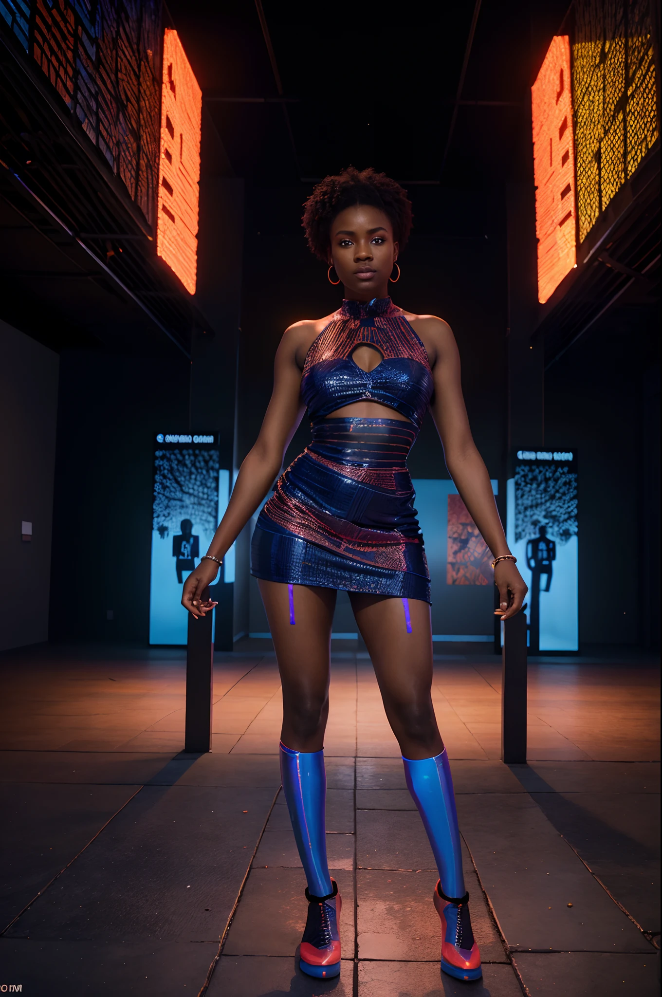 High angle shot of a Black woman wearing neon lit African designed clothes and standing on a wet surface in a room with large flat screen TVs on the walls, dark room with only the Flat screen TVs lighting the scene, with iridescent light, photorealistic image, 32k, ultra HD, cinematic lighting, artgerm style,