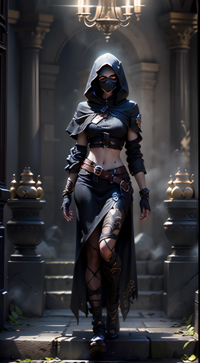 (Stand full body to take pictures:1.5), the golden ratio, (Extremely detailed Cg Unity 32K wallpaper:1.1), (tmasterpiece:1.37), (detailed:1.15), Dappled Light, (look at viewer), cinematic light, side lighting, 1girl, hdr, [(Ancient European Assassins, Black Mist Body, Full body black hooded robe, masked, (((+++Black fog and body Interweave))))], Perfect iris, (+perfect hand+:1.21), ray tracing, (best quality:1.13)