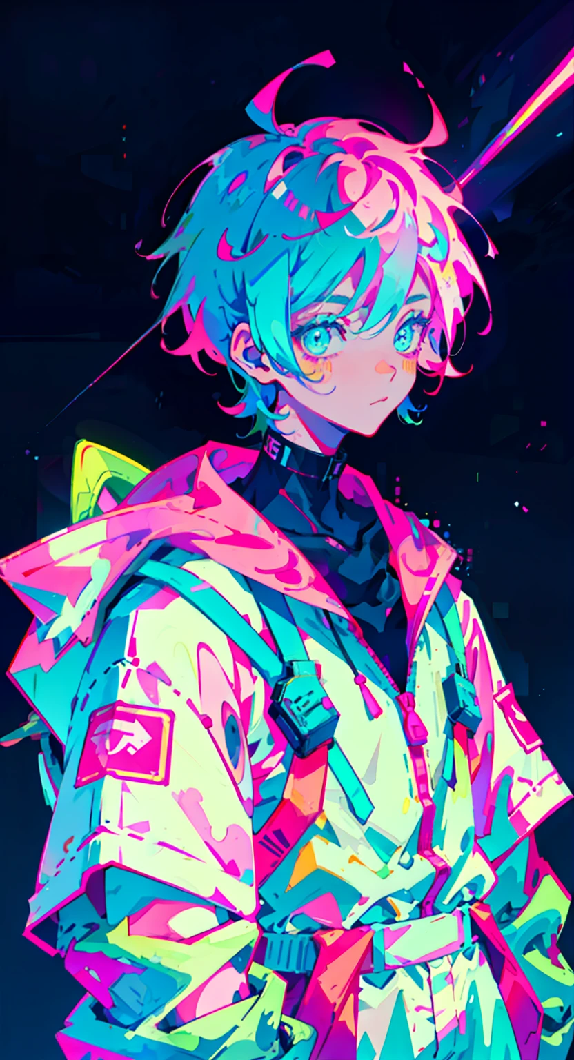 anime boy, wearing astronaut suit, neon blue hair, and pink colors, scars, stickers, neon style of whole shot, cool pose