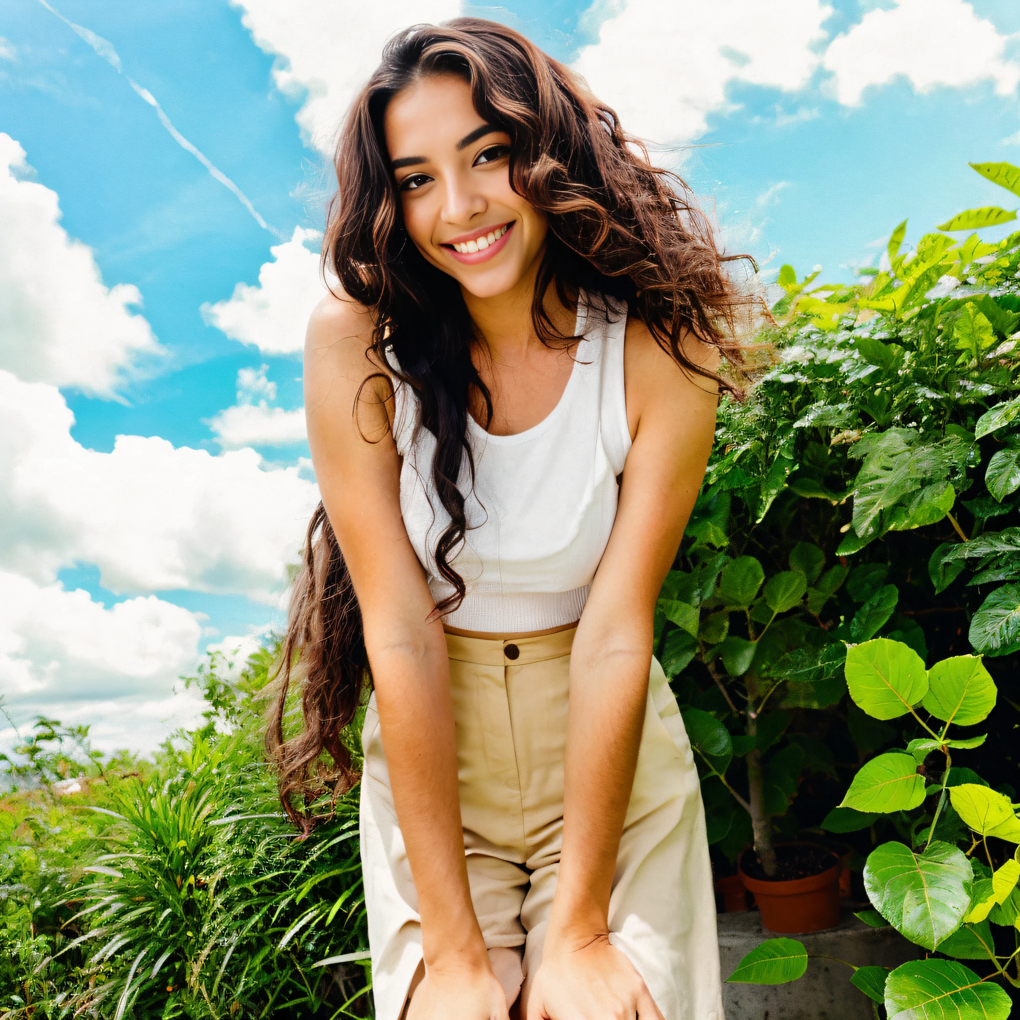 1 woman, plants and background sky, long curly hair, curly hair, smile, nature, brown skin, brown eyes