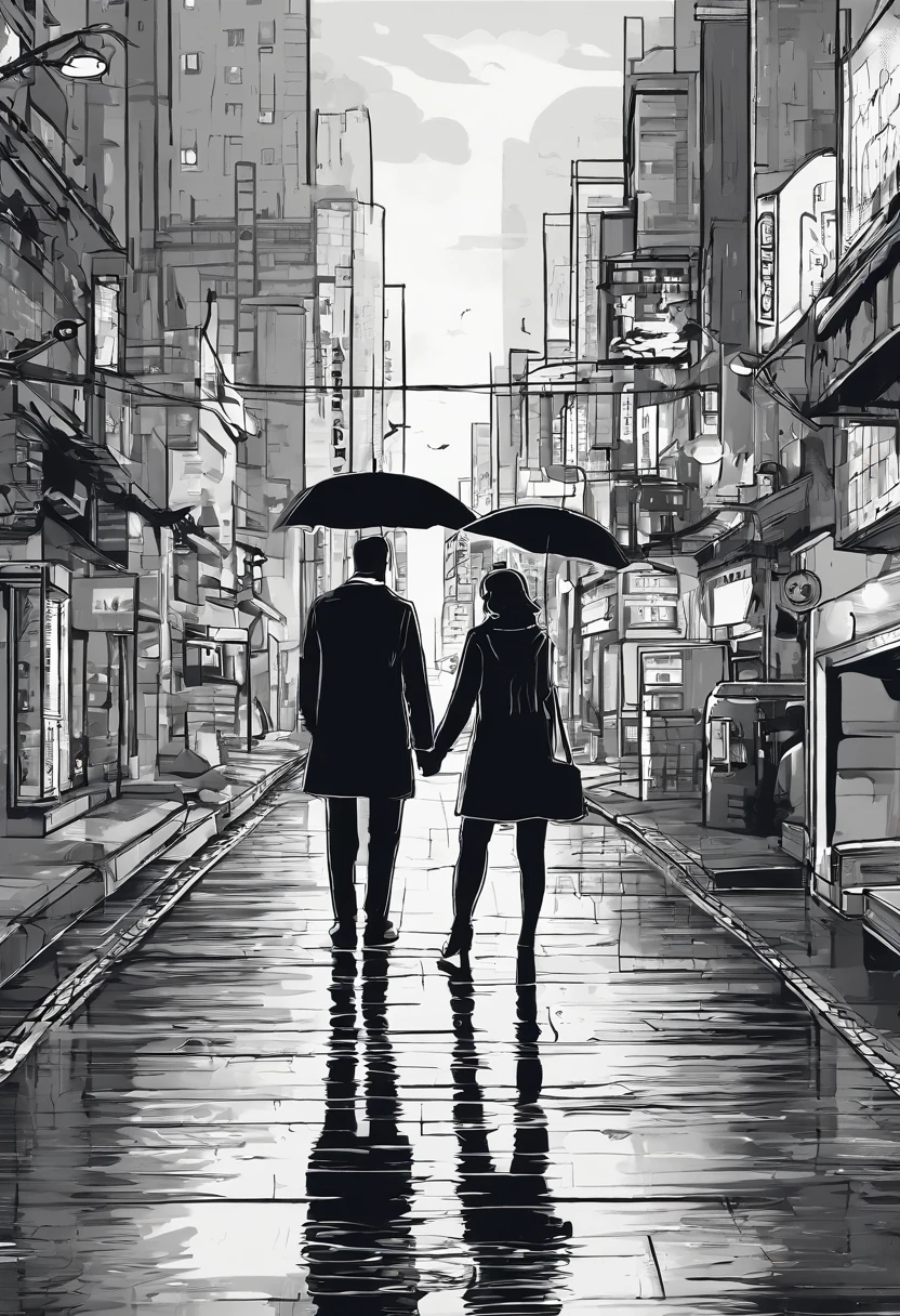 The streets of Seoul city with gloomy skies and rain. With the reflected light of the road, you can dimly see the flickering traffic lights in the distance.
Korean man and Korean woman stand with their backs turned. The distance between them is not great, but between them there is a broken clock and a photo apart.
The overall color is a combination of gray and blue, giving a quiet and calm feeling