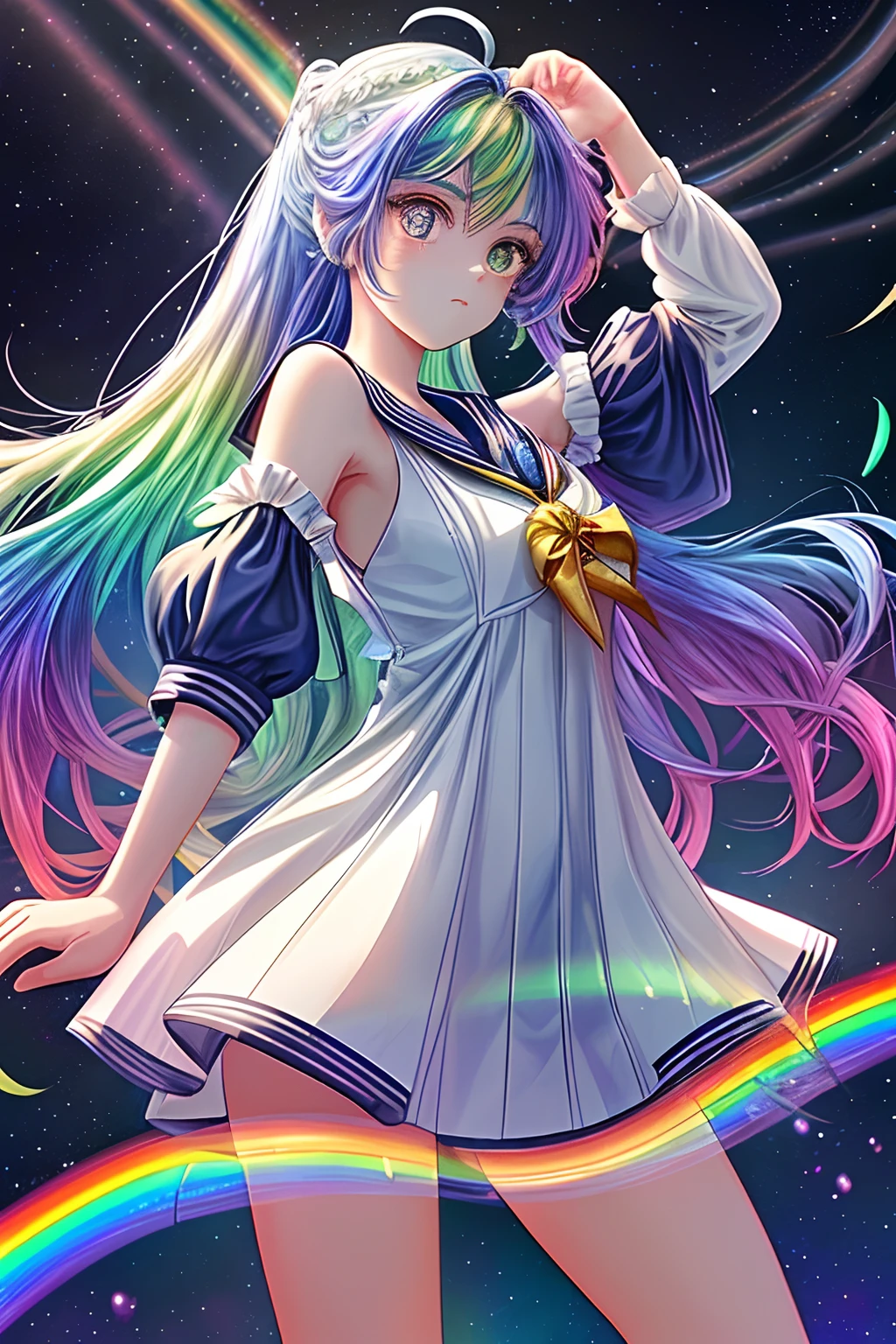 (extremely detailed CG unity 16k wallpaper:1.1), (Denoising strength: 1.45), (tmasterpiece:1.37), (Full body posing:1.4:), whole-length, Dynamic angle, starry sky, lifelike texture, side lighting, Hiten 1, ((extremely detailed CG)), ((8k_wallpaper)), watercolor_(medium), ((beautiful detailed starry sky)), cinmatic lighting, li, princess, very long rainbow hair, side view, looking at viewer, full body, frills, (far from viewer), ((extremely detailed face)), ((an extremely delicate and beautiful girl)), ((extremely detailed cute anime face)), ((extremely detailed eyes)), (((extremely detailed body))), (ultra detailed), ((bare stomach)), ((bare shoulder)), small breast, ((sideboob)), ((((floating and rainbow hair)))), (((Iridescence and rainbow hair))), (((extremely detailed sailor dress))), ((((Iridescence and rainbow dress)))), (Iridescence and rainbow eyes), beautiful detailed hair, beautiful detailed dress, dramatic angle, expressionless, (big top sleeves), frills, blush, (ahoge), illustration, sparkle, glowing light, ray tracing, bloom, backlighting, masterpiece, (((masterpiece))), ((best quality)), UHD