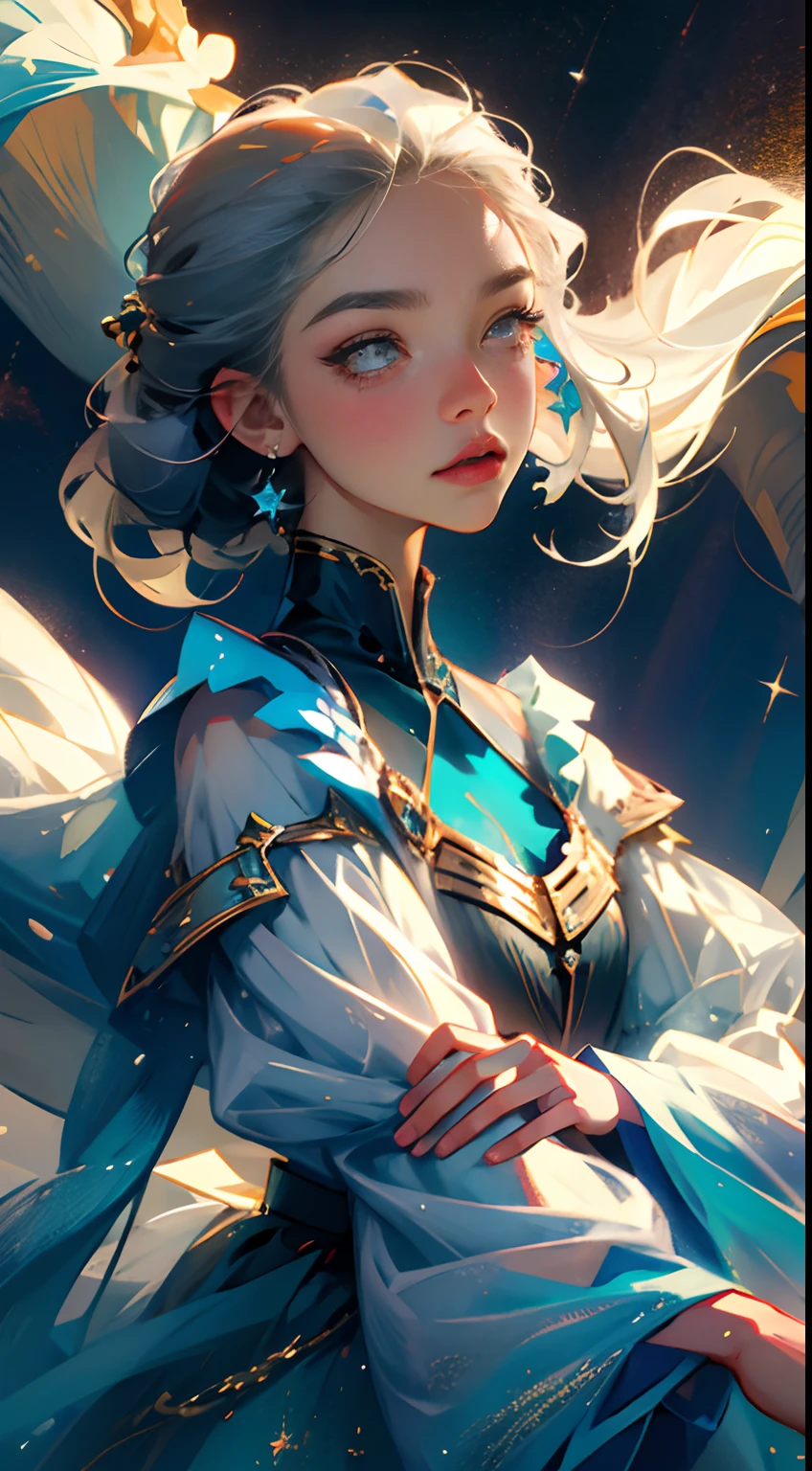 (best quality, masterpiece), 1girl, pose, facial features, eyes, particles, wind, upper body, simple background, looking at viewer, silver-haired girl, starry sky,