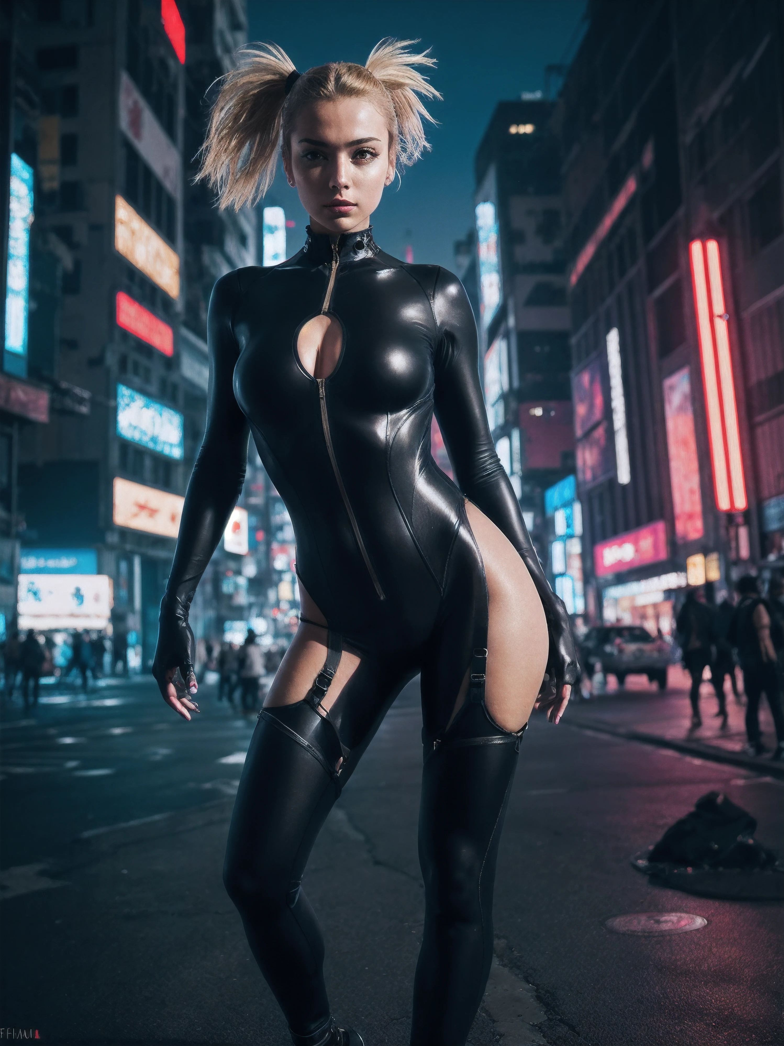 epic photograph of a sexy young woman wearing cyberpunk bodysuit, upper body, blonde hairstyle, dynamic pose, ponytail, curvy, cyberpunk, full body, red color grading, ektachrome, Fujifilm XT3