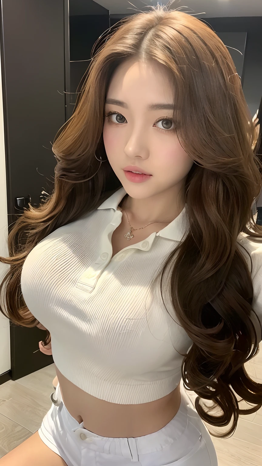 ((best qualtiy, 8K, tmasterpiece:1.3)), Focus:1.2, perfect figure beautiful woman:1.4, Cocked buttocks:1.2, ((Random Long Thick Hairstyle) ((Brown Wavy Hair In Big Curls))(Long white legs:1.3,(Polo shirt With Shorts:1.2) , (inside in room: 1.2), Highly detailed facial and skin texture, A detailed eye, 二重まぶた,Whiten skin,(Straight big breasts:1.3), looking at camera, Wear a necklace,