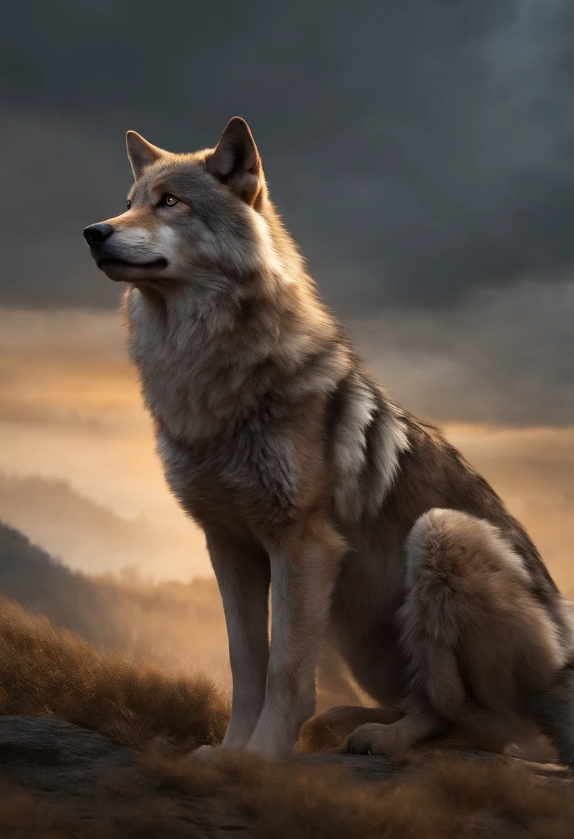 masterpiece,best quality,ultra-detailed,high resolution,extremely detailed,solo,fantasy,wolf beastman,boy,naked, 19-year-old girl,(straight, shorthair),blue eyes,cute face,furry,grey fur,fluffy neck hair,(adventure clothes, brown), barefoot, ultra-detailed fur,( five-fingered), big picture, outside, village,