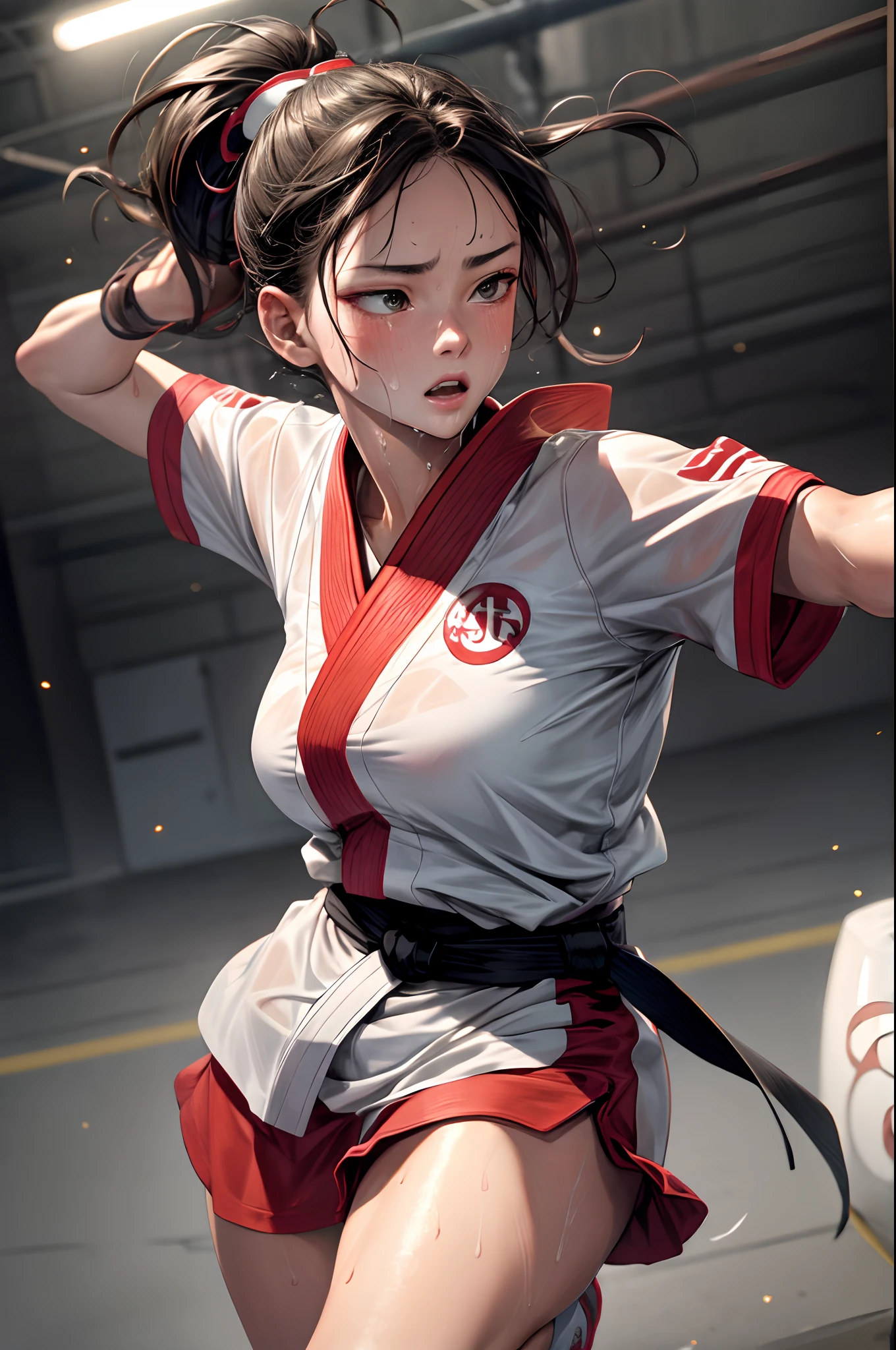 (Best Quality,8K,hight resolution,masuter piece:1.2),Ultra-detailed,Realistic:1.37,Portrait,Dynamic Angle,(Female karate athletes) ,White kimono,Teenage girl,small head,Cute,Sporty,Charming face,Detailed beauty face,Very realistic skin,Wet skin,Sweat,Large breasts,nice legs ,Sporty,Karate Venue　,Cinematic lighting,