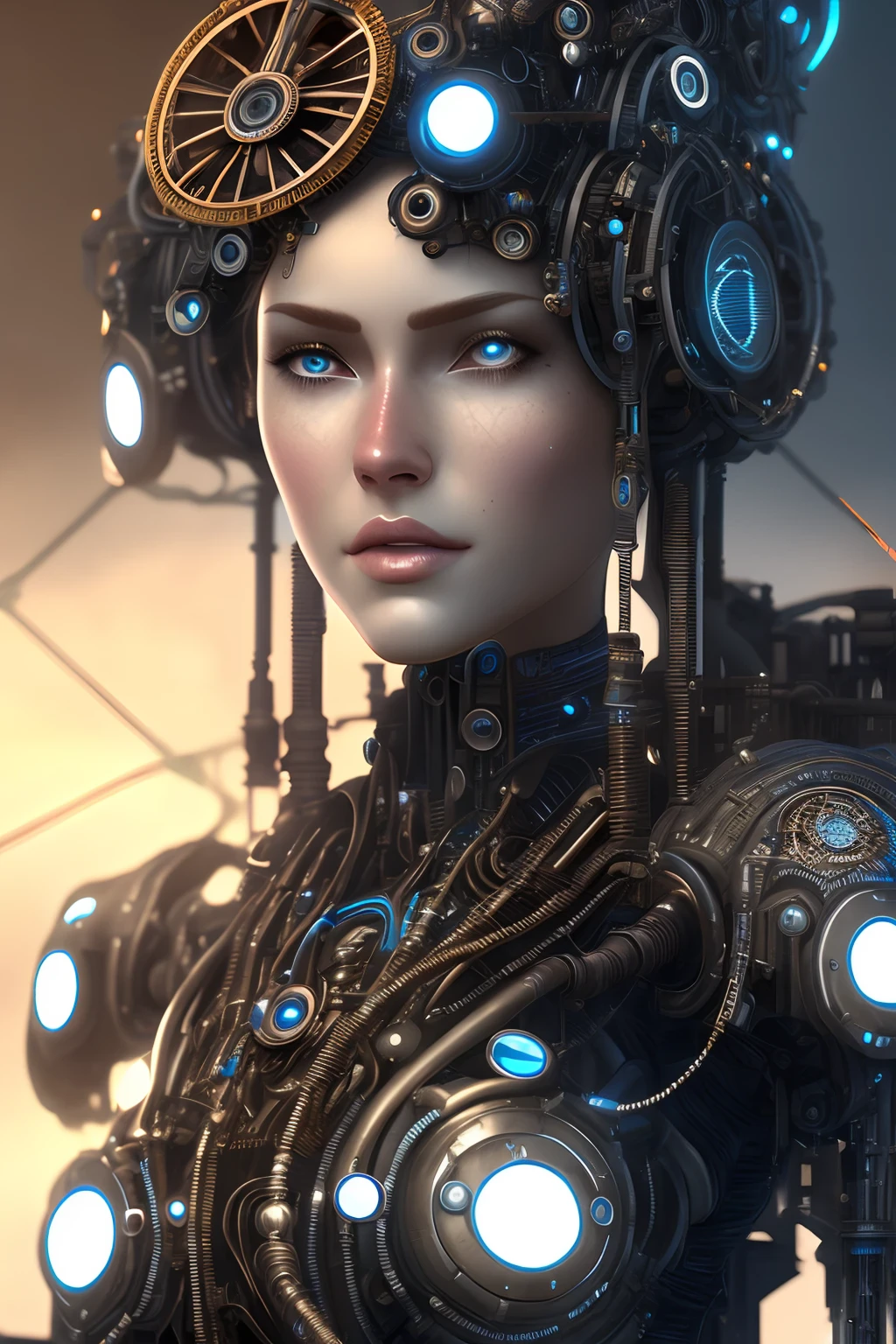 full body cyborg| full-length portrait| detailed face| symmetric| steampunk| cyberpunk| cyborg| intricate detailed| to scale| hyperrealistic| cinematic lighting| digital art| concept art| mdjrny-v4 style