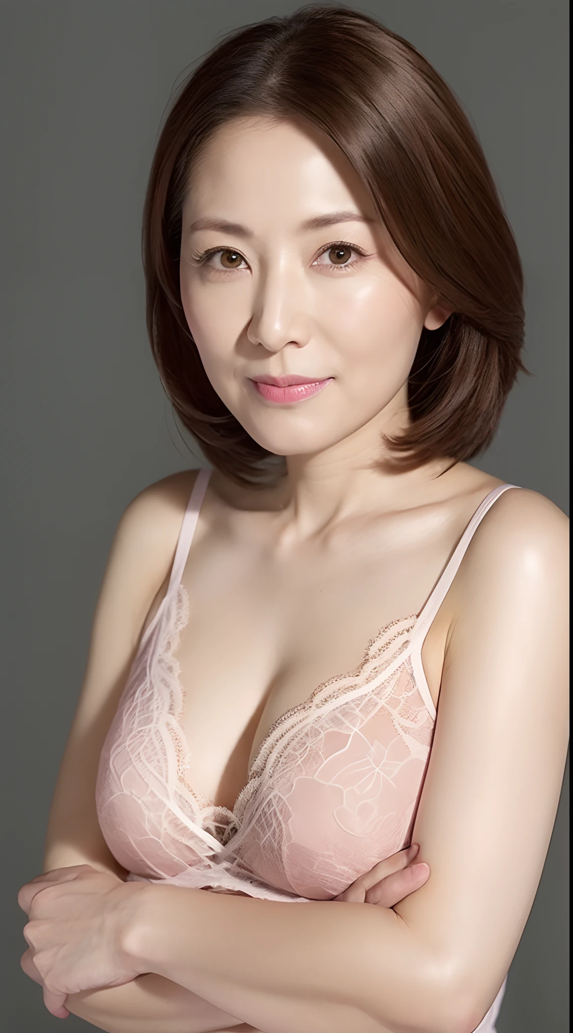 Sharpen, Flat color background, ((up of face:1.3)), gravure, masutepiece, Best Quality, Ultra-detailed, Photorealistic, super detailed skin, Perfect Anatomy, (1 japanese mature woman), (Solo), 90 years old, panties on, bra very, close your mouth strongly, Large breasts, Mature AV Actress, glamor, A sexy, Chromo-white skin, Looking at Viewer,