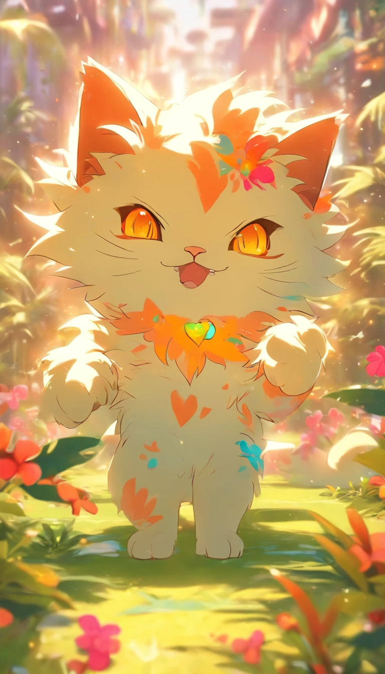 Gatinho punk tropical branco peludo muito bonito,olhos grandes,Campo de flores,Esbian de corpo inteiro,Bocas,Alegremente,luz profissional,Vista distante,profundidade de campos,8k,High-angle wide-angle view,photoshoot profissional,rendering by octane,melhor qualidade,tmasterpiece,