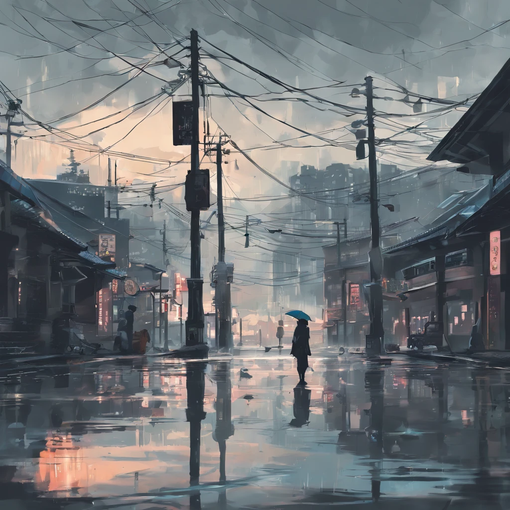 The streets of Seoul city with gloomy skies and rain. With the reflected light of the road, you can dimly see the flickering traffic lights in the distance.
Korean man and Korean woman stand with their backs turned without umbrellas. The distance between them is not great, but between them there is a broken clock and a photo apart.
The overall color is a combination of gray and blue, giving a quiet and calm feeling