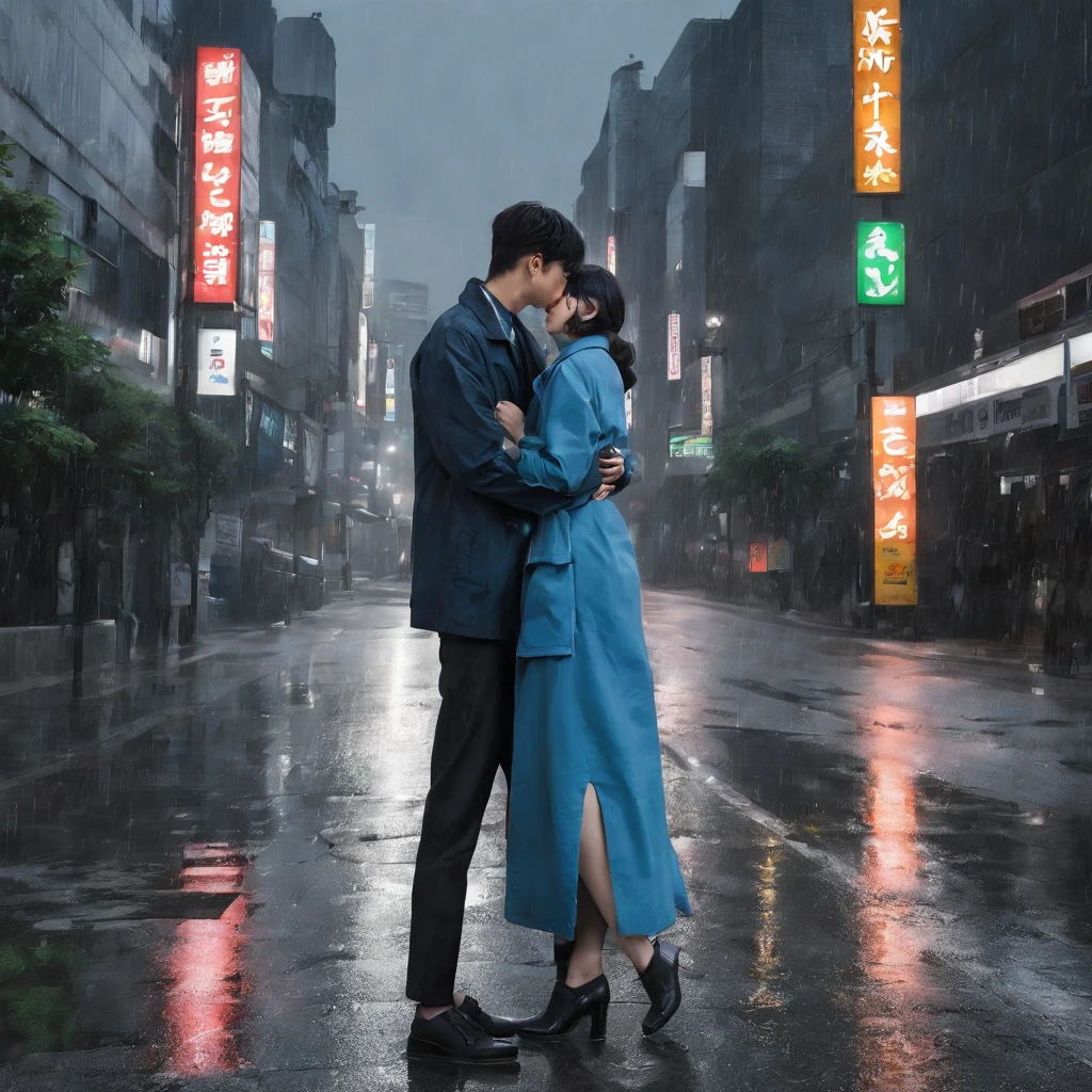 The streets of Seoul city with gloomy skies and rain. With the reflected light of the road, you can dimly see the flickering traffic lights in the distance.
Korean man and Korean woman stand with their backs turned. The distance between them is not great, but between them there is a broken clock and a photo apart.
The overall color is a combination of gray and blue, giving a quiet and calm feeling