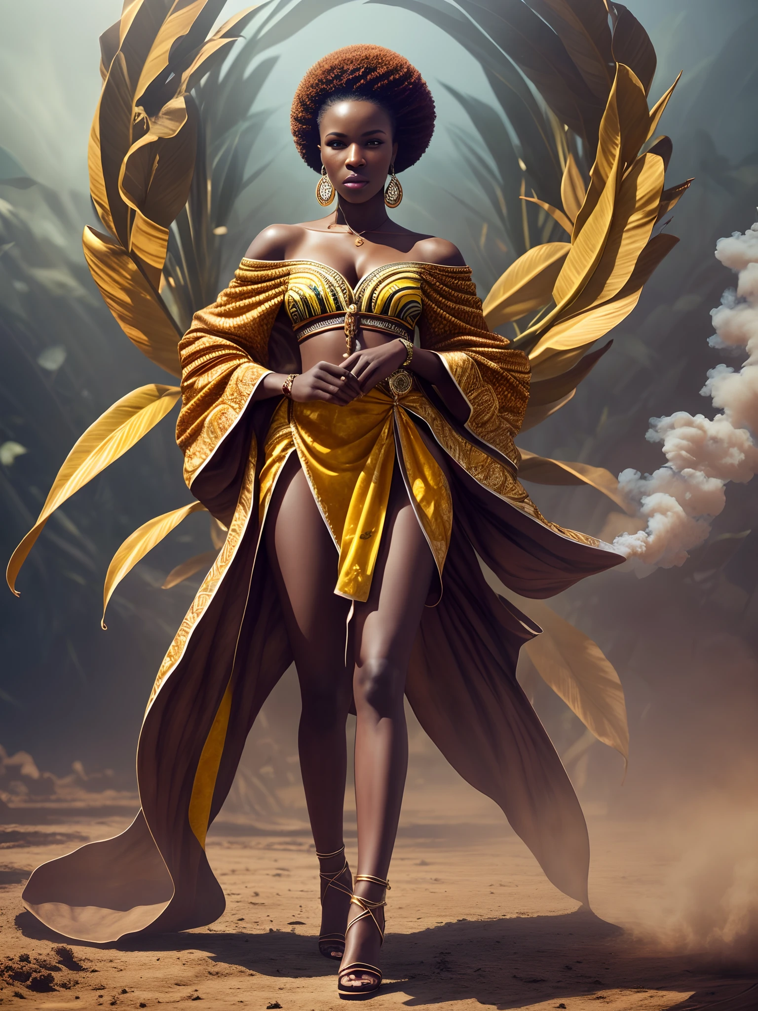 by royo, hyperdetailed, hyperrealistic, full body shot of an African woman, in an African outfitwith vibrant colors, exaggerated shoulder pads, and bold accessories. Striking a powerful pose with an intense gaze, surrounded by a halo of smoke in tones that enhance her expression. Standing in a banana plantation with the smoke mimicking waves, matching the colors of her outfit. Perfect composition, exquisite attention to small details, realistic reflections, UHD, 32k, ultra-detailed texture, volumetric light, cinematic effects, masterpiece, trending on ArtStation, Octane 3D rendering --auto --s2