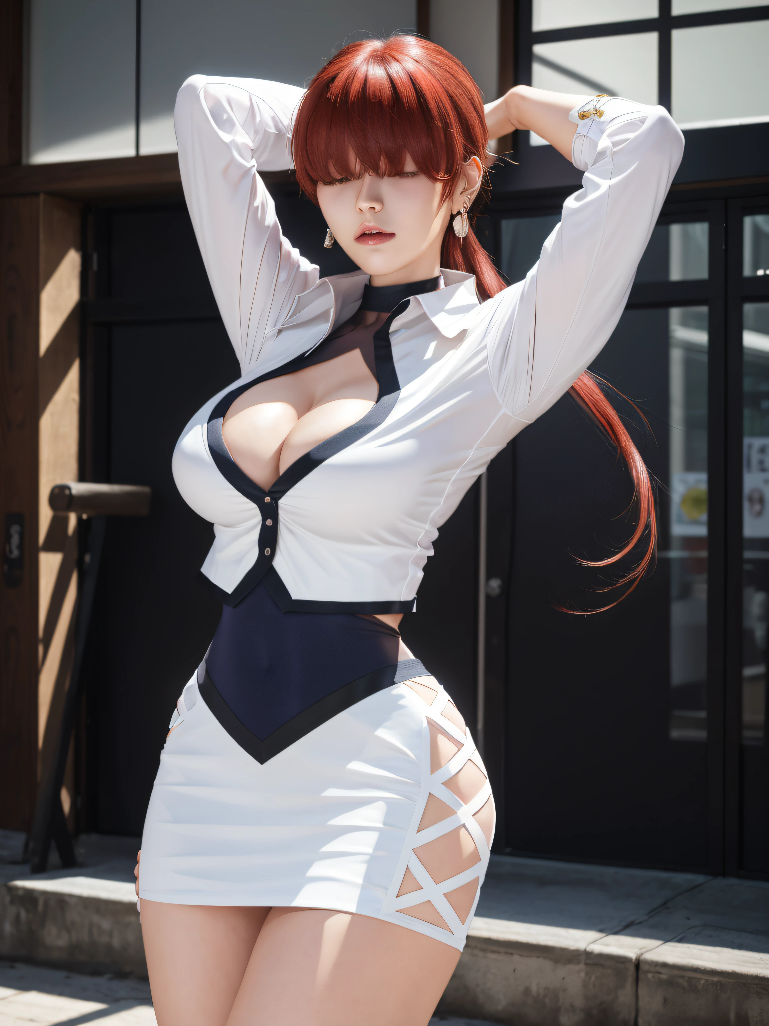 masterpiece, best quality, highres, she1, (hair over eyes:1.1), split ponytail, clothing cutout, earrings, jewelry, miniskirt, white skirt, leotard, white jacket, long sleeves, Big boobs, arms behind head, crossed legs,