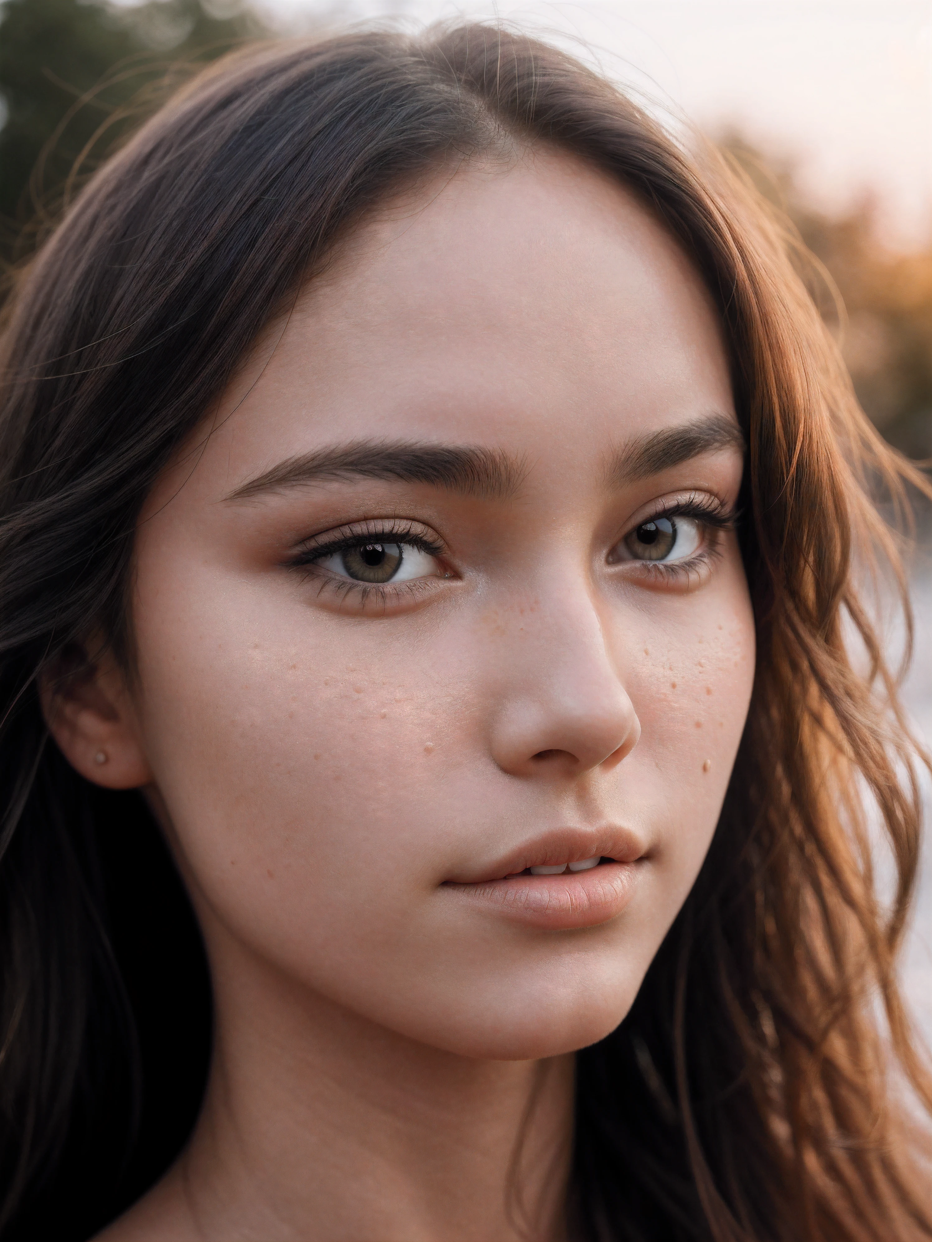 candid photo of a cute young woman, extremely detailed eyes, beautiful face, detailed natural skin with pores, peach fuzz, natural hair, beautiful detailed sky, award winning photo, nikon d850 film stock photograph f1.6 lens, rich colors, dramatic lighting, looking at the viewer, RAW photo, high quality, sharp focus