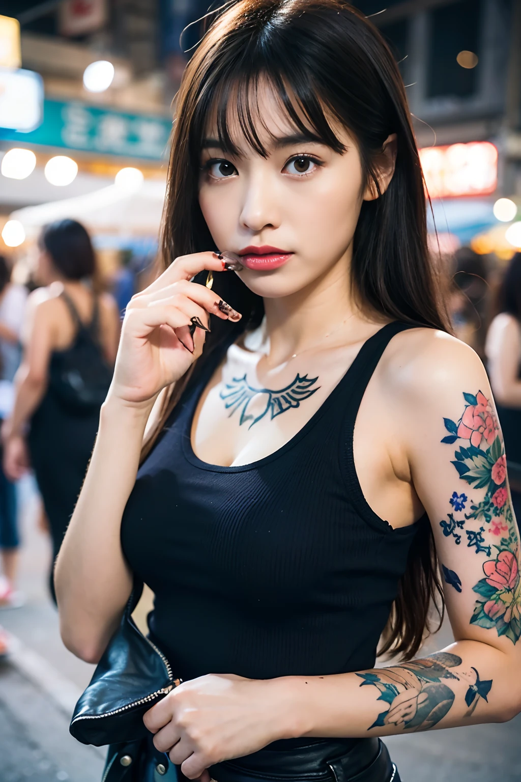 Top quality, one beautiful woman, hands on mouth, many Japanese tattoos, tank top, little large breast, upper body, 35mm lens, f/1, night market, Taiwan