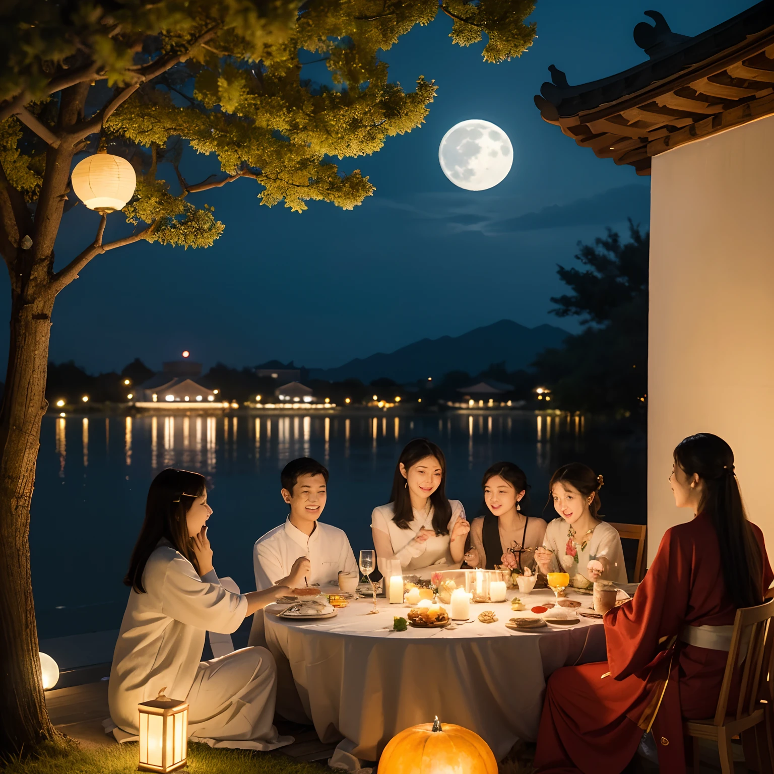 Mid-Autumn Night,A full moon hangs high,Bright moonlight floods the courtyard。Family reunion,Sit around the table,The table is lined with a variety of delicacies and exquisite mooncakes。Everyone tasted the food,While chatting about homely things,Happiness knows no bounds。A gentle breeze blows,Send the fragrance of osmanthus flowers,It's intoxicating。While enjoying the moon,People also sing traditional Mid-Autumn Festival songs,Melodious singing echoes in the night sky,It adds a strong festive atmosphere to this wonderful festival。