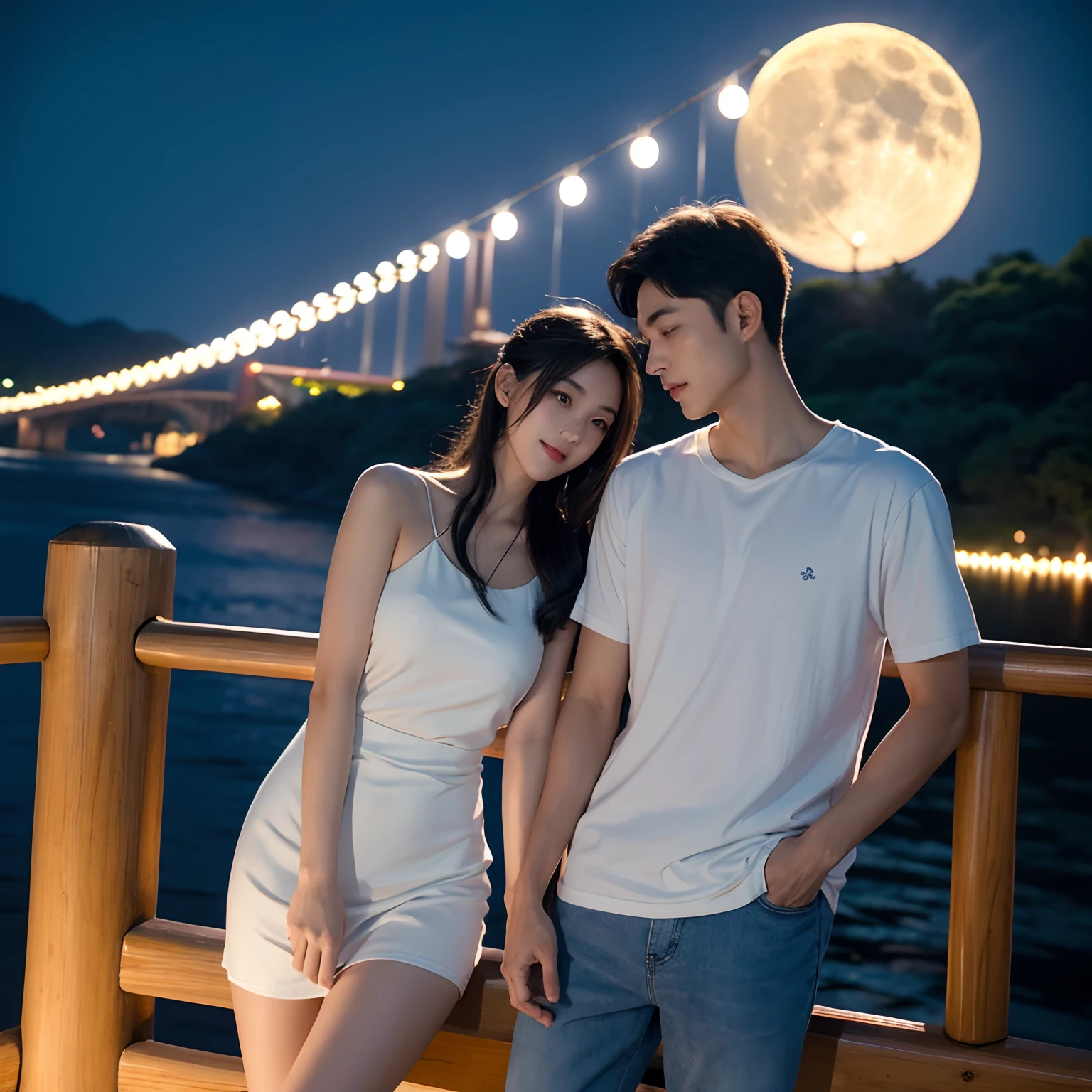 On the night of the Tanabata Festival，A bright full moon hangs over the night sky，A silver glow shines on the earth。A couple watching the moon on the bridge