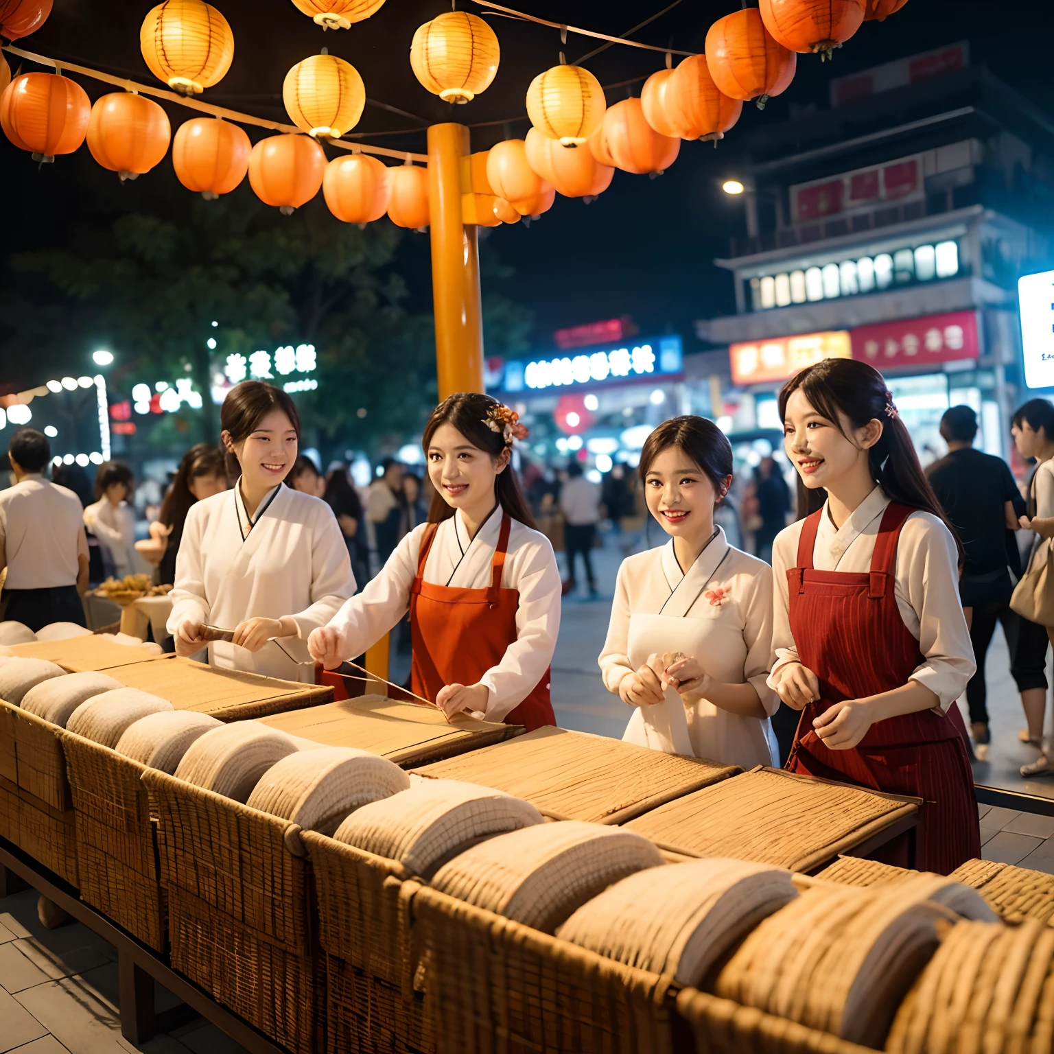 The streets are bustling，The flow of people is like weaving，Greet with a smile，Lively，Share the Mid-Autumn Festival celebrations。