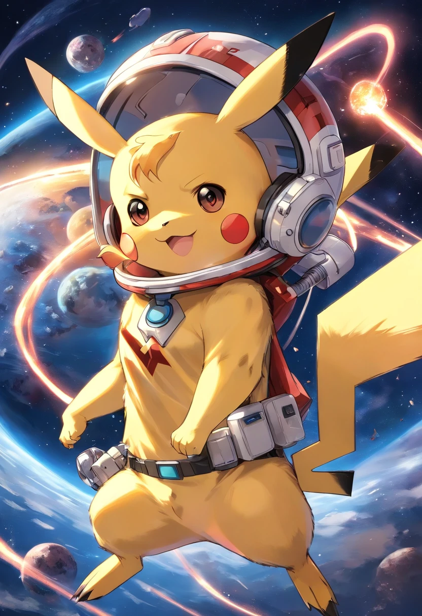 Playful and cute Pikachu wearing astronaut costume，Lively and agile，There is a large area of traditional tattoo tattoos on the arm，Yellow and soft hair，Red blush，Size, Twinkle eyes，Cute pointy ears。(Pikachu:1.5),