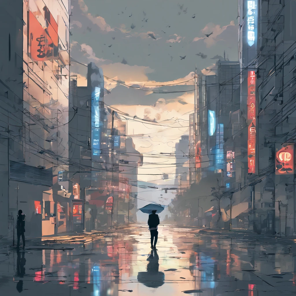Seoul City Background, Rainy landscape

sky: Feeling overwhelmed, Grey clouds
road: Light reflecting off the road, Reflected buildings and traffic lights
Far away: Dim flashing traffic lights
The two main characters

One Man: Korean features, Posture with your back turned
One Woman: Korean features, Posture with your back turned
The distance between the two: A broken clock and a photo separated by close
Color and mood

Main color: ashy, blue
feeling: Quiet and calm atmosphere