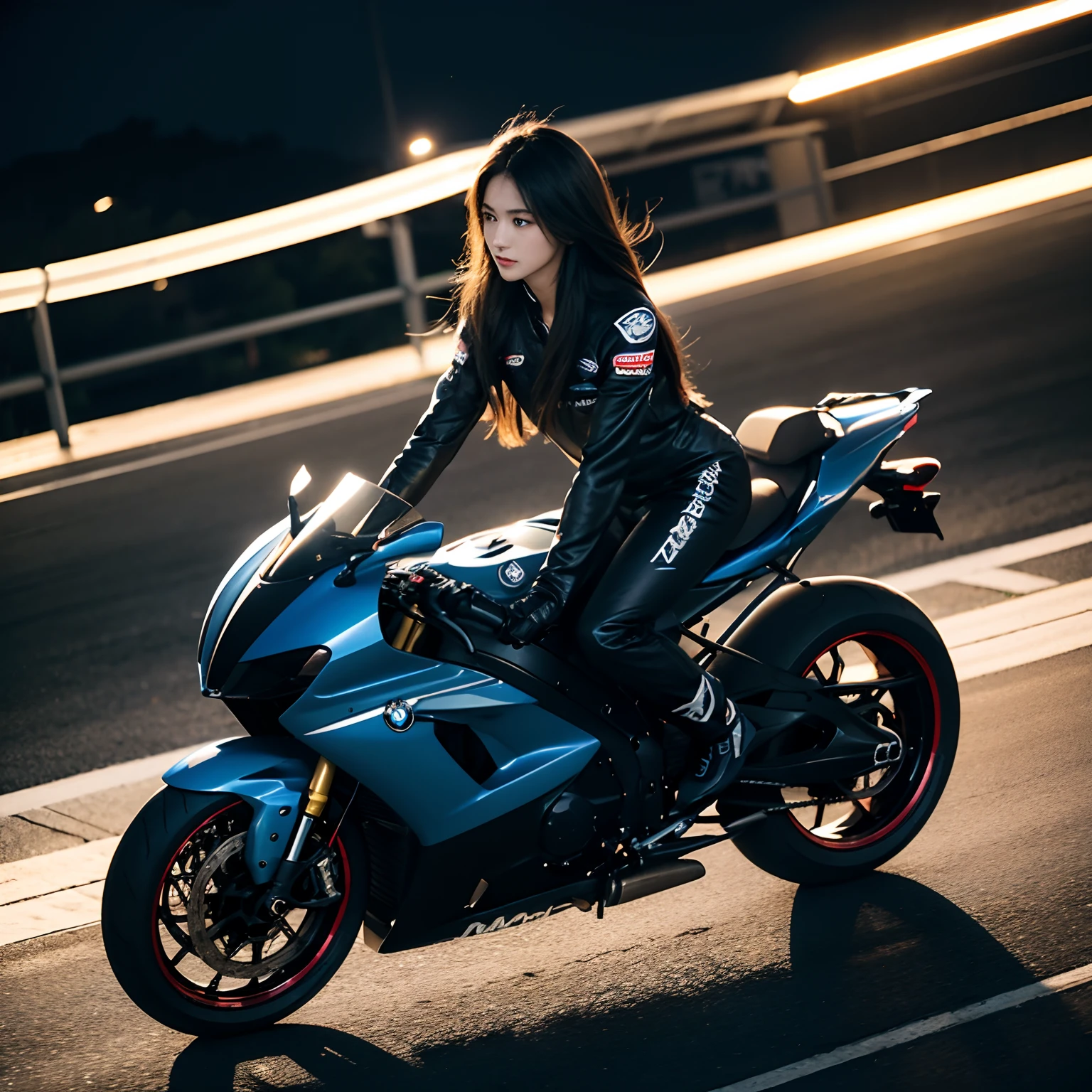 On the road late at night，A ray of moonlight reflects a beautiful driver with long flowing hair。She was wearing a racing suit，The skinny design outlines the perfect figure，Long black hair fluttered in the wind。She rides a luxurious BMW motorcycle，The wheels roll，Mechanical。The beauty has a straight face，There is a firm confidence between the eyebrows，It shows the courage and perseverance of the racing driver。