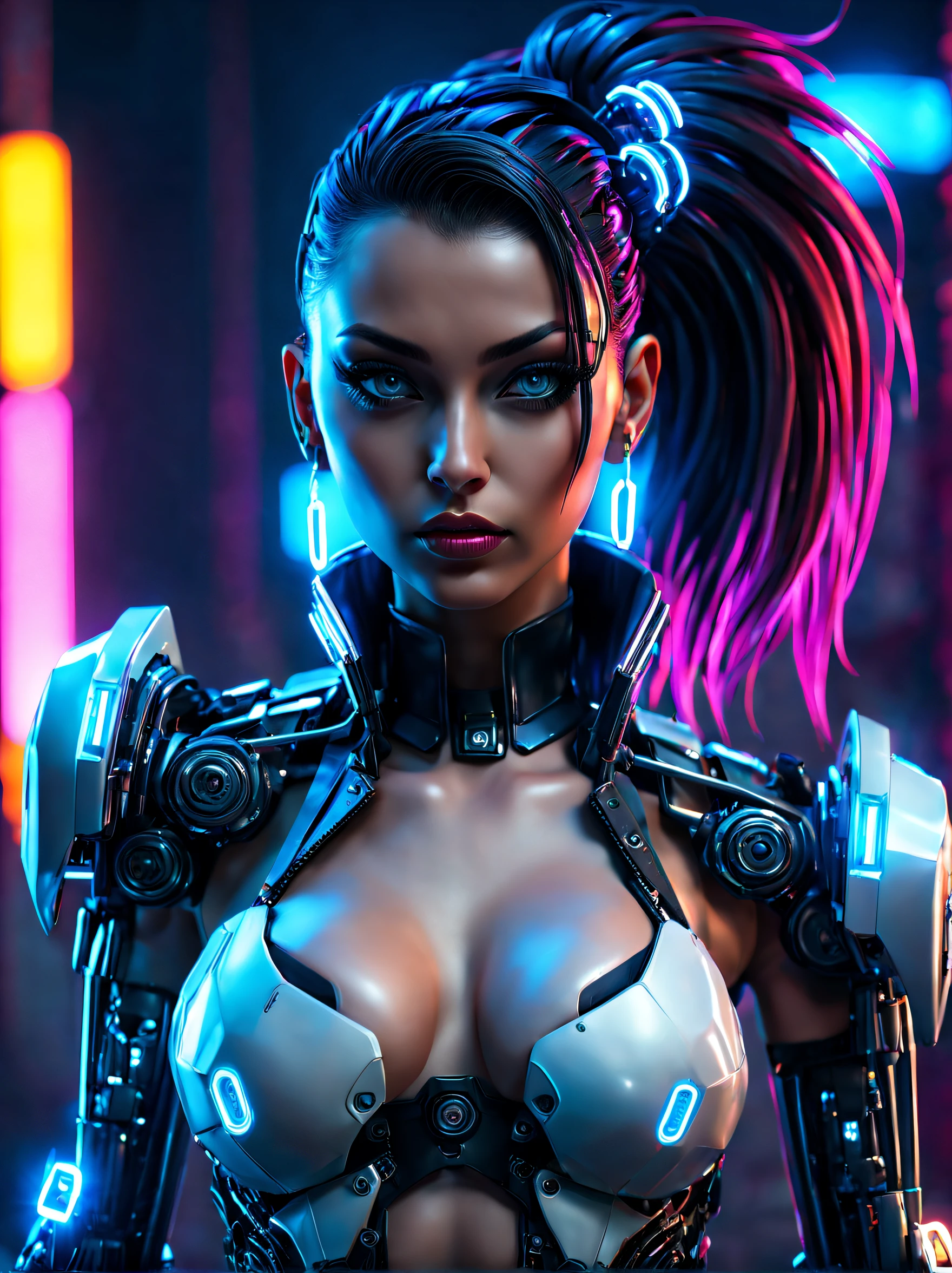 (cyberpunk style), cyberpunk  sexy woman with mechanical arms, __quiron/generico__, neon light, rampage,  cybernetic enhancements,  futuristic, scifi, science fiction, epic, AI, machine, metal, wires, tech, futuristic, highly detailed