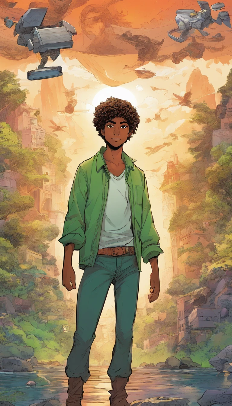 (highres,ultra-detailed,realistic:1.2),male teenager,curly brown hair,green eyes,dark skin,slim,tall,17 years old,comics style,Marvel,happy,full body