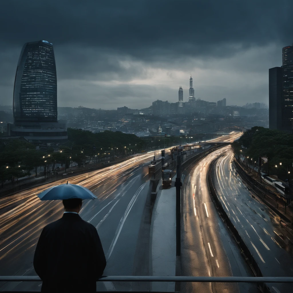 Seoul City Background, Rainy landscape

sky: Feeling overwhelmed, Grey clouds
road: Light reflecting off the road, Reflected buildings and traffic lights
Far away: Dim flashing traffic lights
The two main characters

One Man: Korean features, Posture with your back turned
One Woman: Korean features, Posture with your back turned
The distance between the two: A broken clock and a photo separated by close
Color and mood

Main color: ashy, blue
feeling: Quiet and calm atmosphere